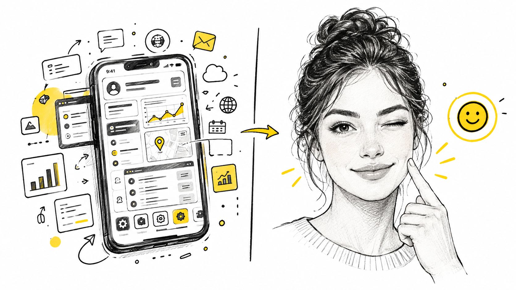 A digital illustration showing a smartphone with various data app icons connected to a happy winking woman.