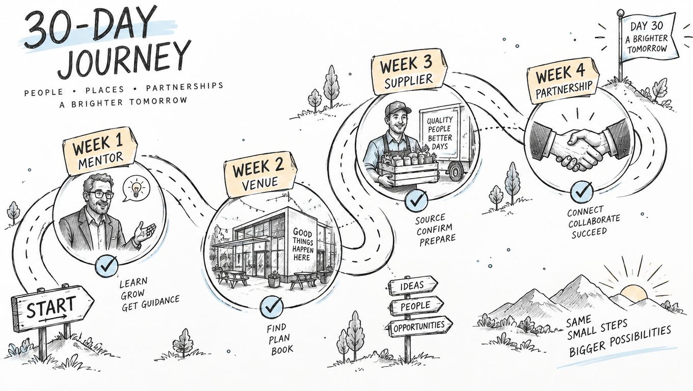 An illustrated 30-day journey roadmap showing steps from mentor and venue selection to supplier and partnership management.