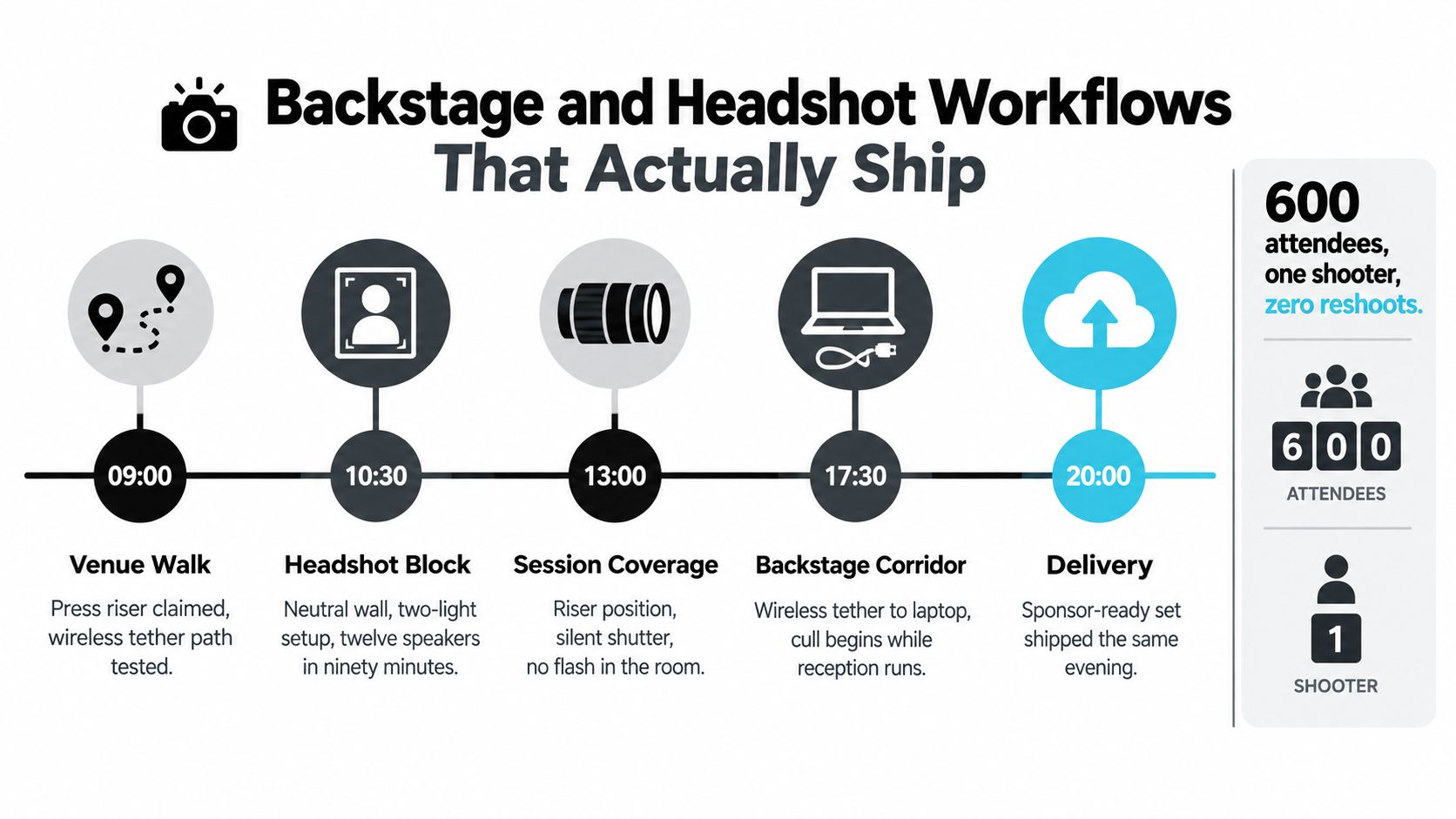 A professional workflow infographic for managing high-volume headshot photography and event coverage for six hundred conference attendees.