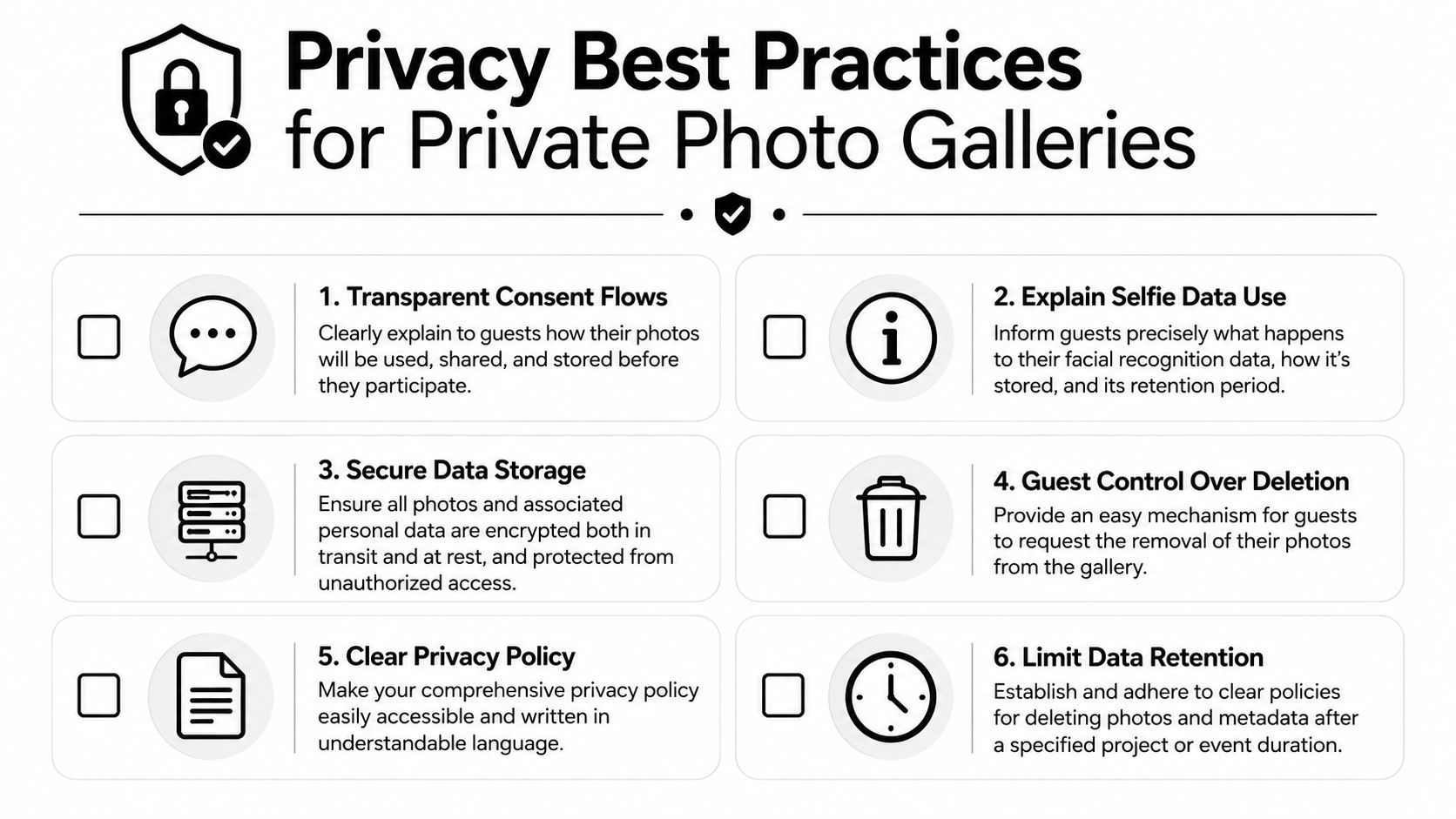 A checklist infographic detailing six essential privacy best practices for managing private online photo galleries securely.