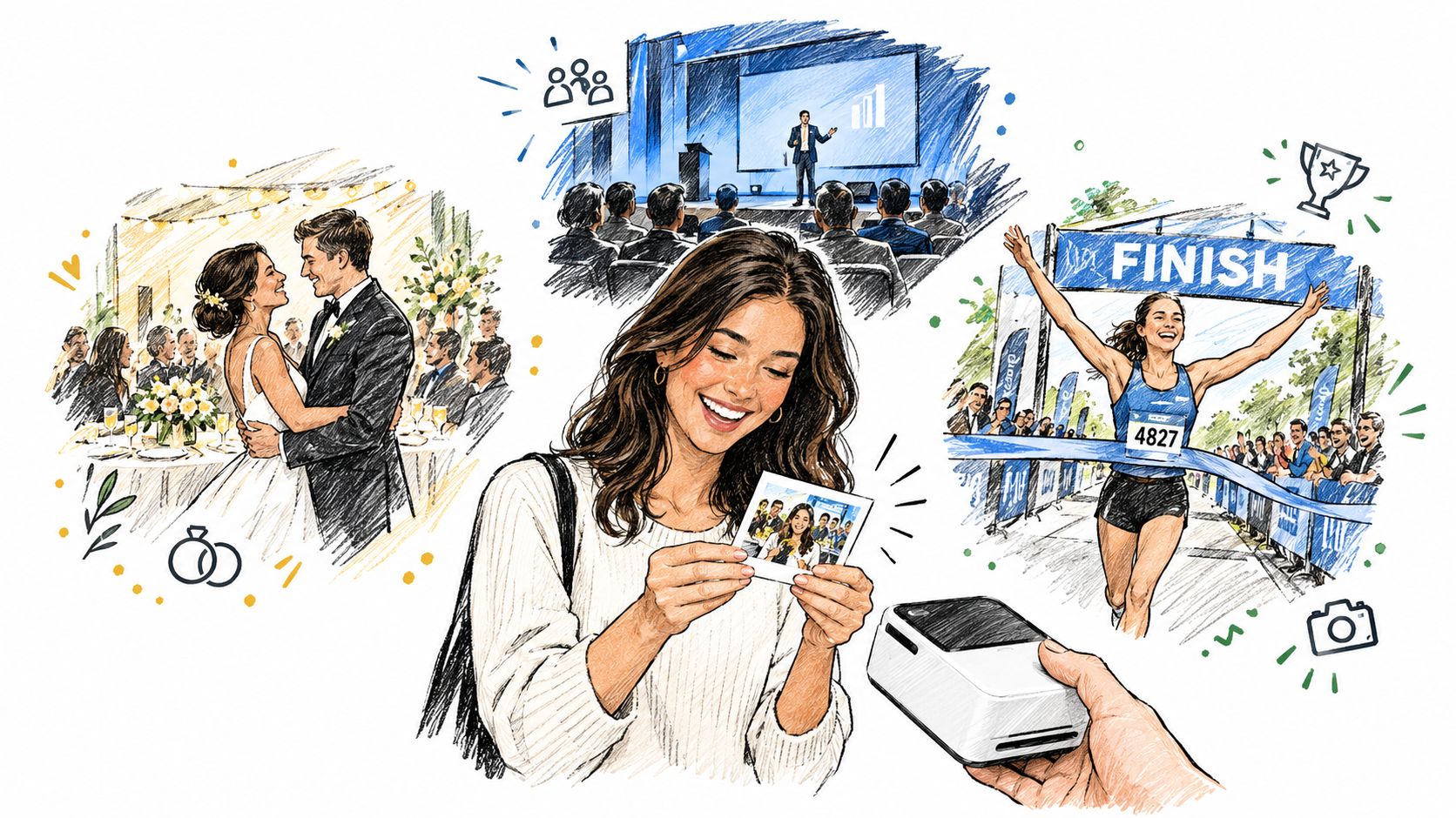A woman looks at a printed photo while conceptual sketches of wedding, business, and racing events appear.