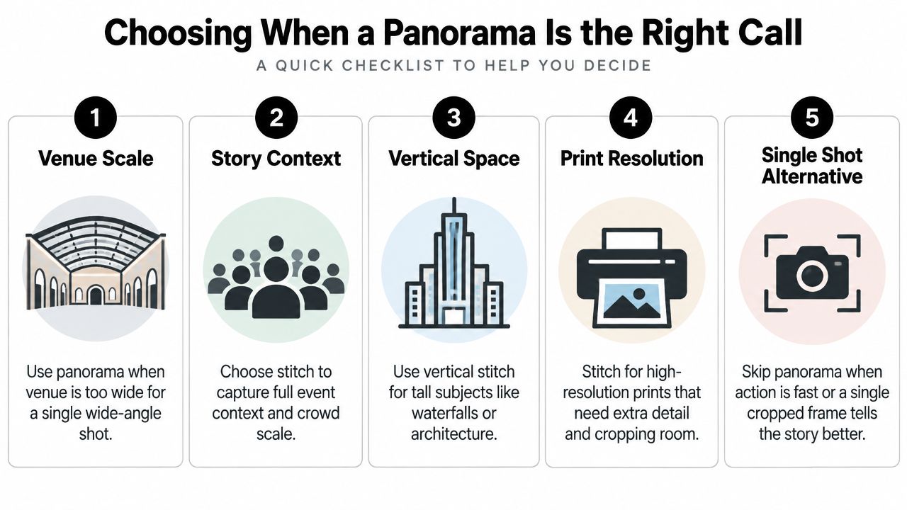 A five-point checklist infographic for choosing when to take panoramic photographs to capture wide scenes.