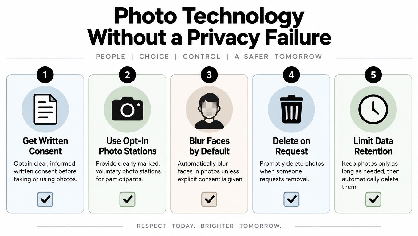 An infographic titled Photo Technology Without a Privacy Failure, outlining five steps to protect participant privacy when using photography.