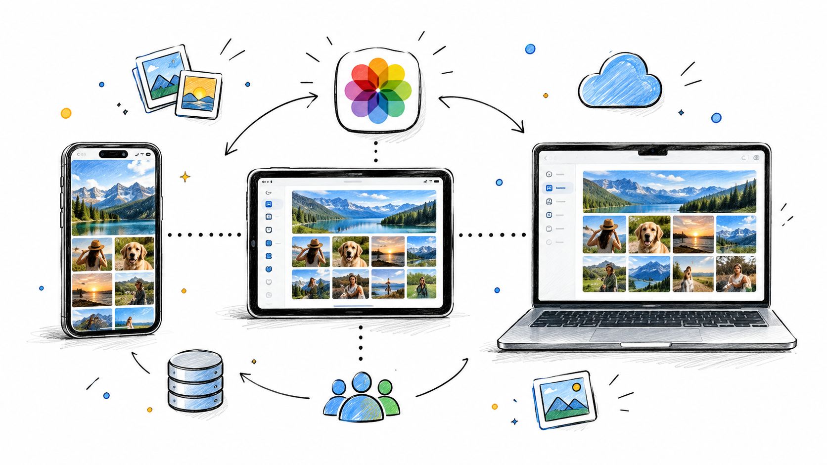 A conceptual illustration showing photos syncing between a smartphone, tablet, laptop, cloud storage, and family members.