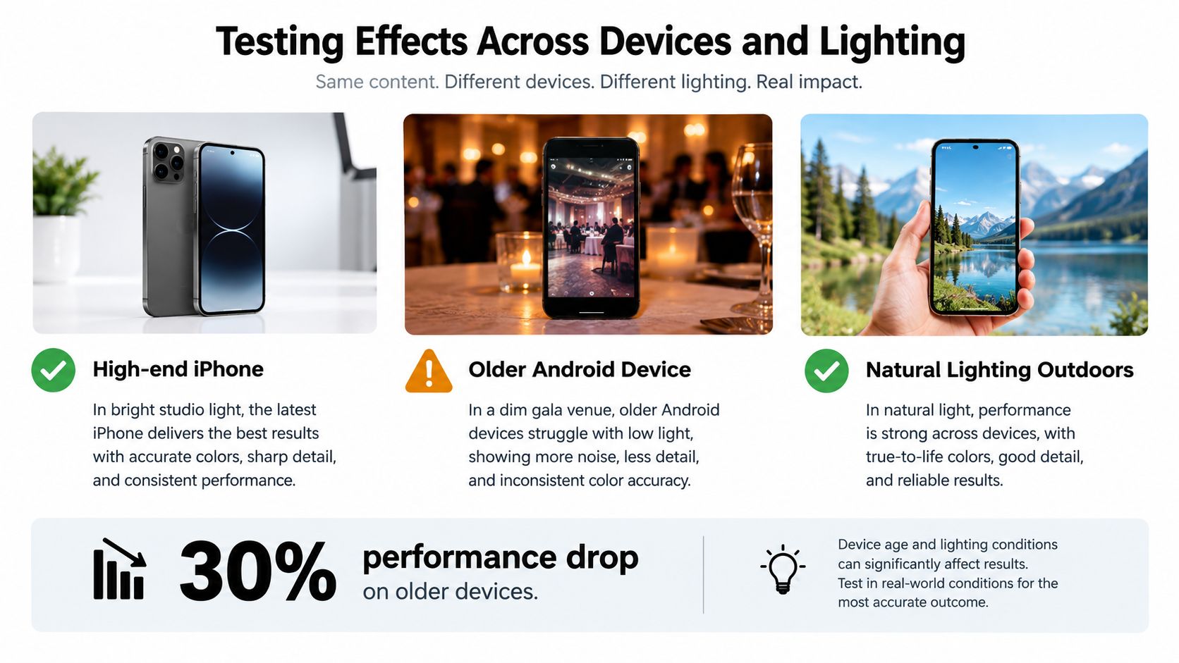 An infographic comparing the performance of mobile devices across different lighting conditions including indoor and outdoor settings.