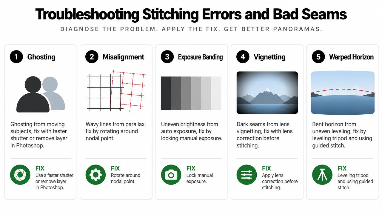 A diagram illustrating common panorama stitching errors and their corresponding fixes to help photographers improve their images.