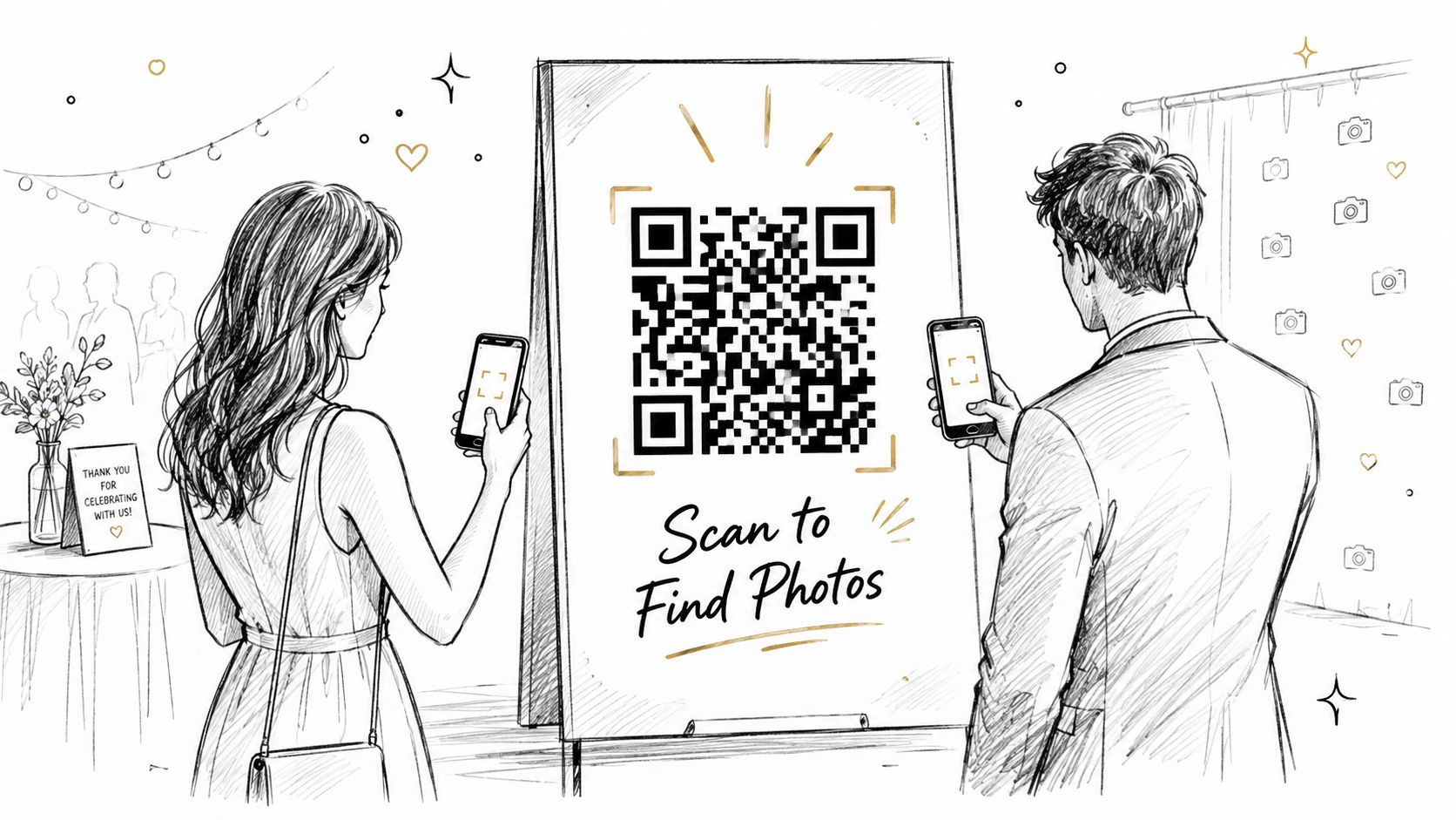A couple scans a wedding QR code sign on an easel to find their event photos.