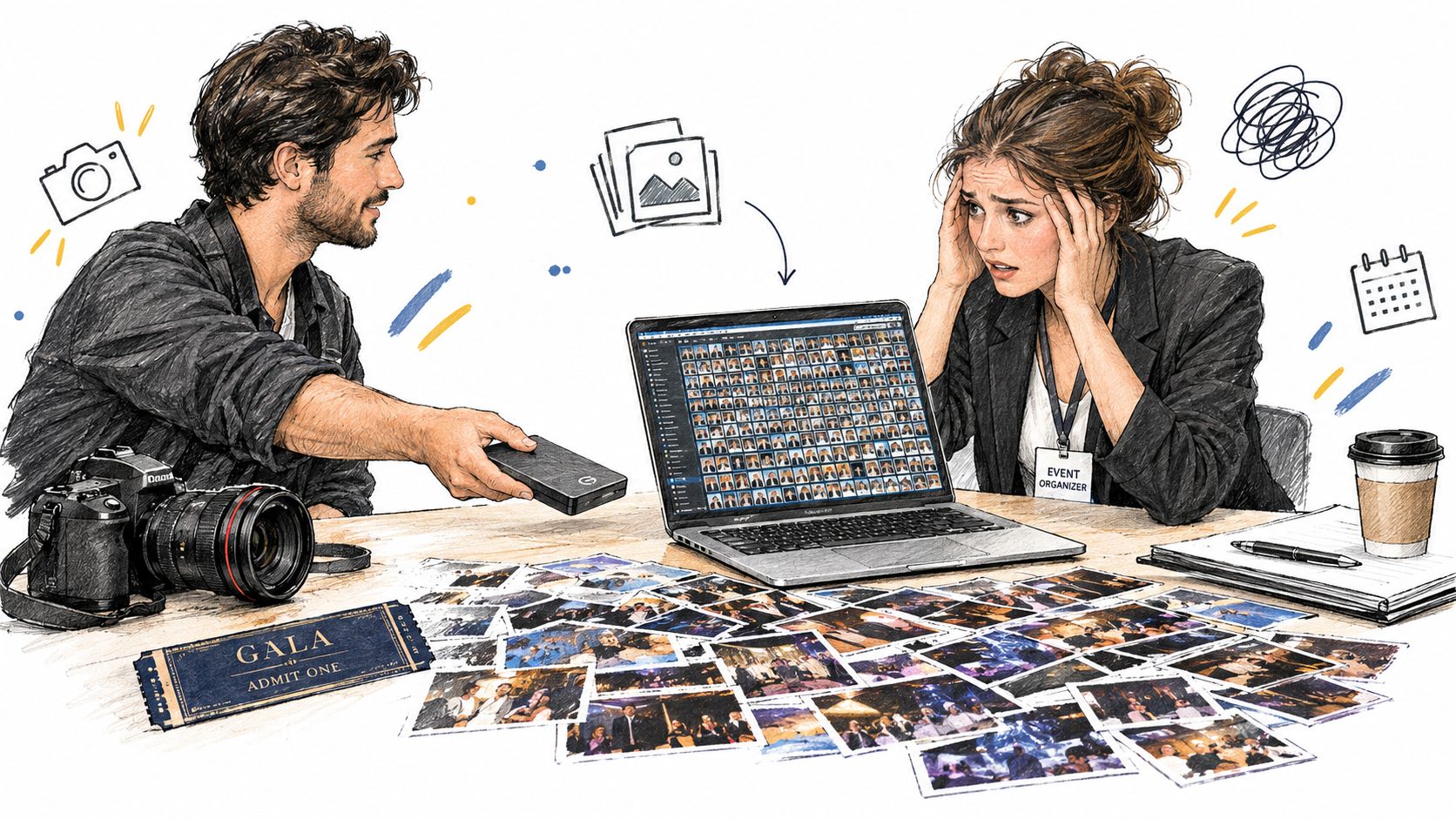 A male photographer hands a hard drive to a stressed event organizer surrounded by many event photos.