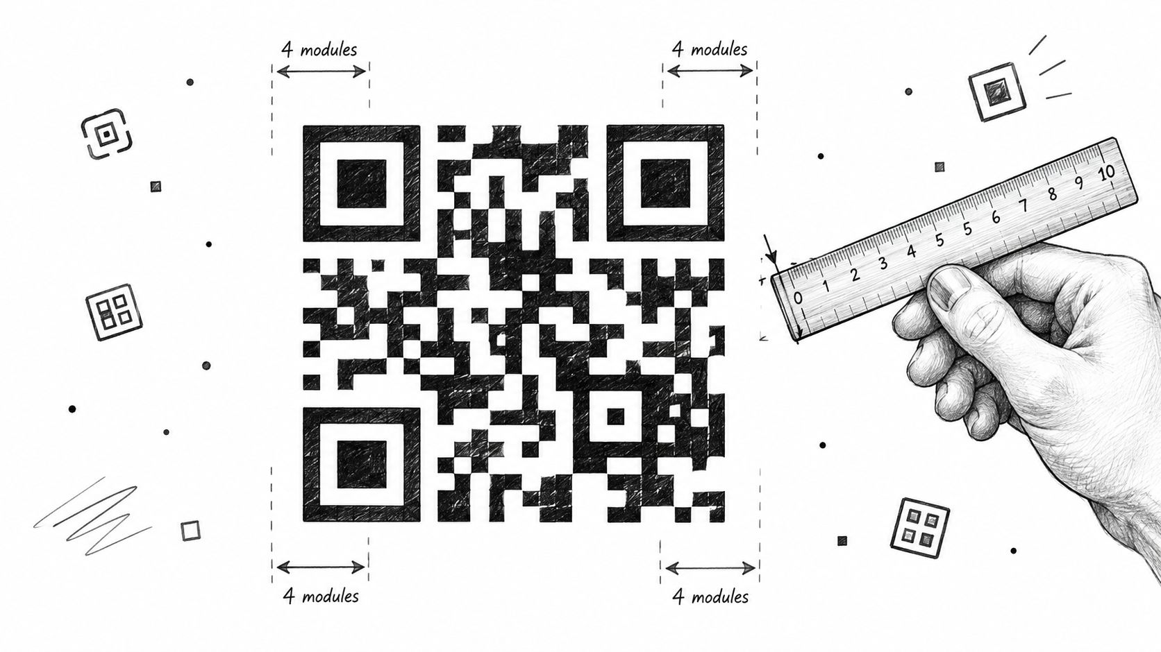 A pencil sketch of a QR code with clear instructions about quiet zone measurements using a ruler.