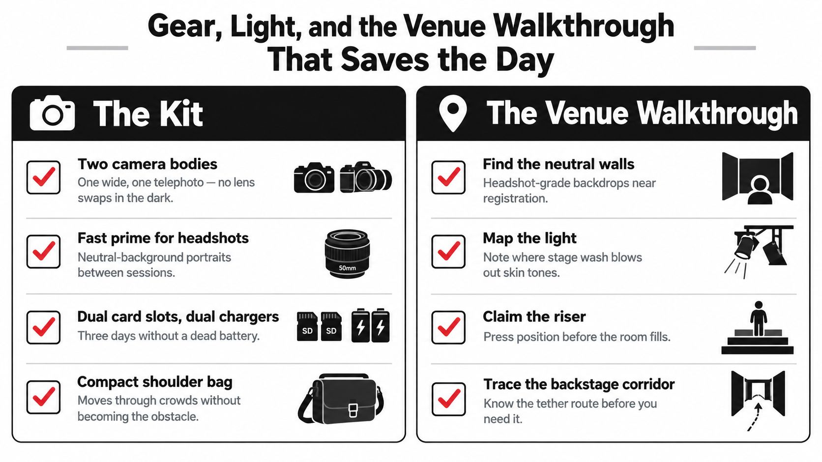 An infographic titled Gear, Light, and the Venue Walkthrough outlining essential tips for conference photography preparation.
