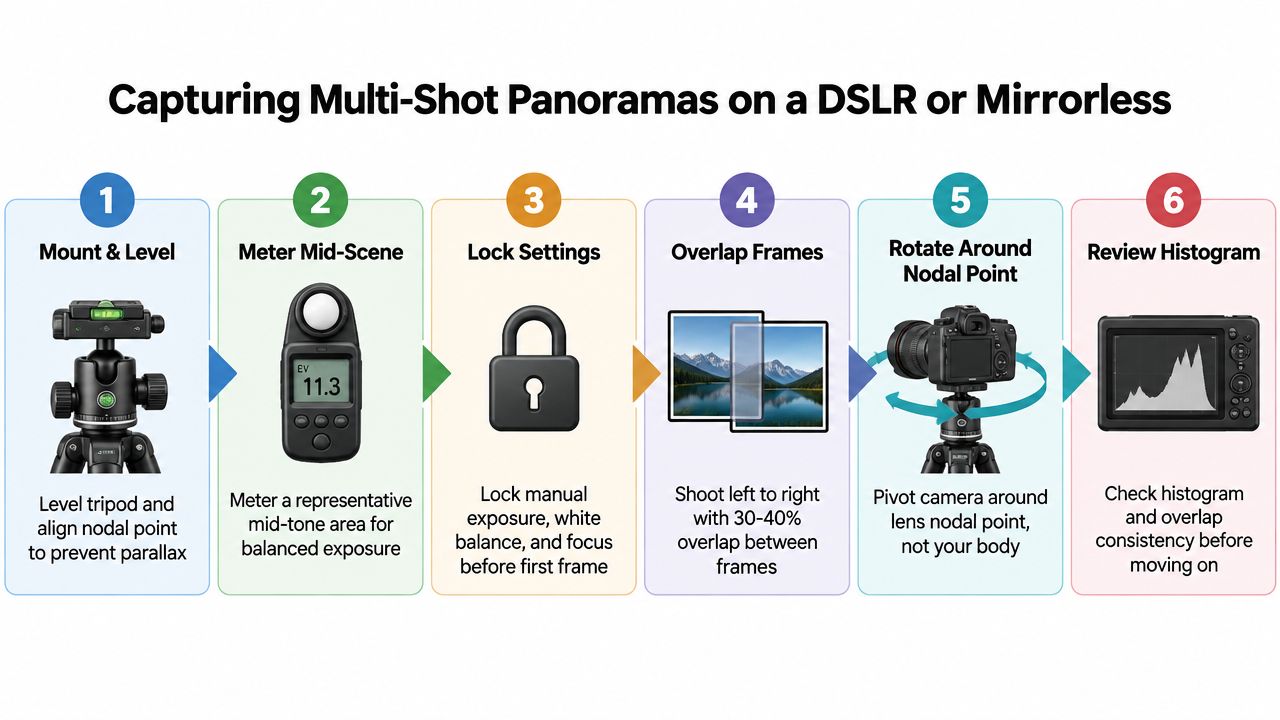 A six-step infographic illustrating the professional photography process for capturing multi-shot panoramic images on digital cameras.