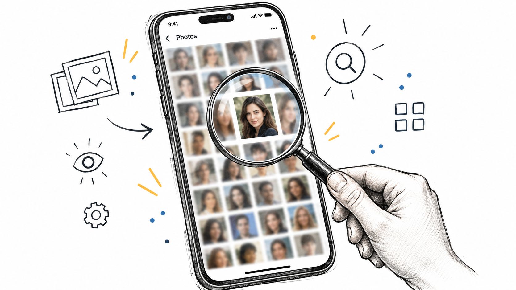 A hand holding a magnifying glass over a smartphone screen displaying a photo gallery of faces.