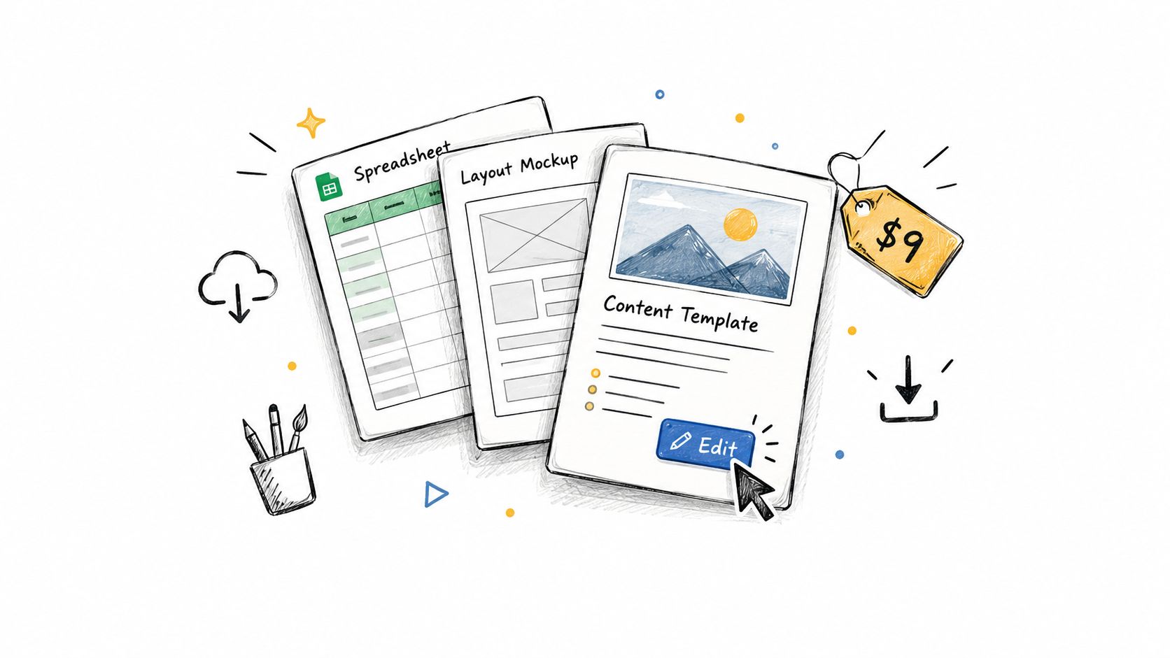 A hand-drawn illustration showing a spreadsheet, a layout mockup, and a content template for sale at nine dollars.