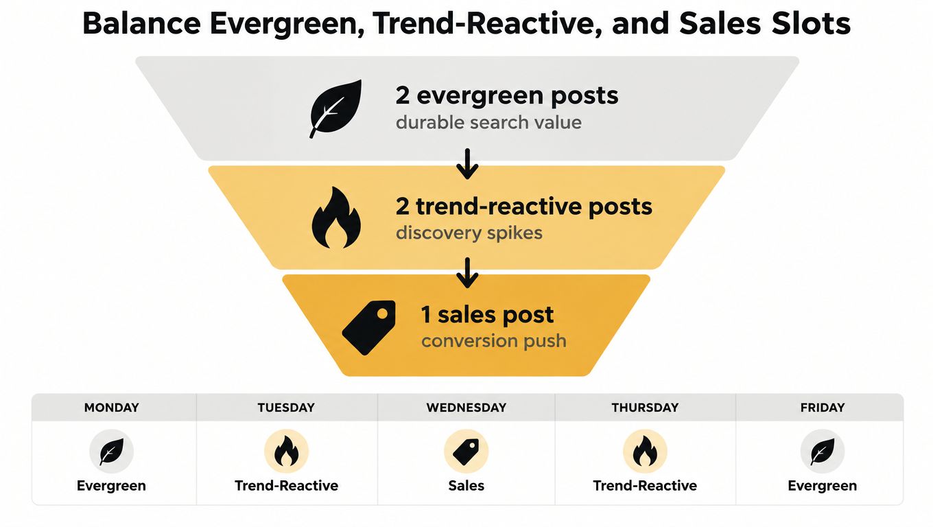 A funnel diagram explaining a weekly content strategy balancing evergreen, trend-reactive, and sales-focused social media posts.