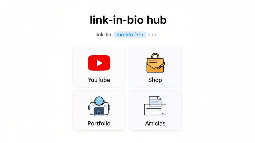 A 'link-in-bio hub' page with links to YouTube, Shop, Portfolio, and Articles.