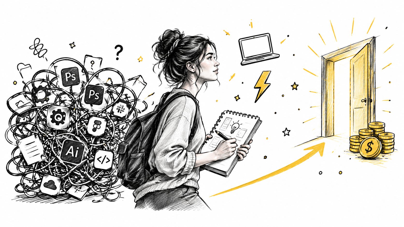 A woman sketching in a notebook while transitioning from a cluttered digital workspace toward a golden door.