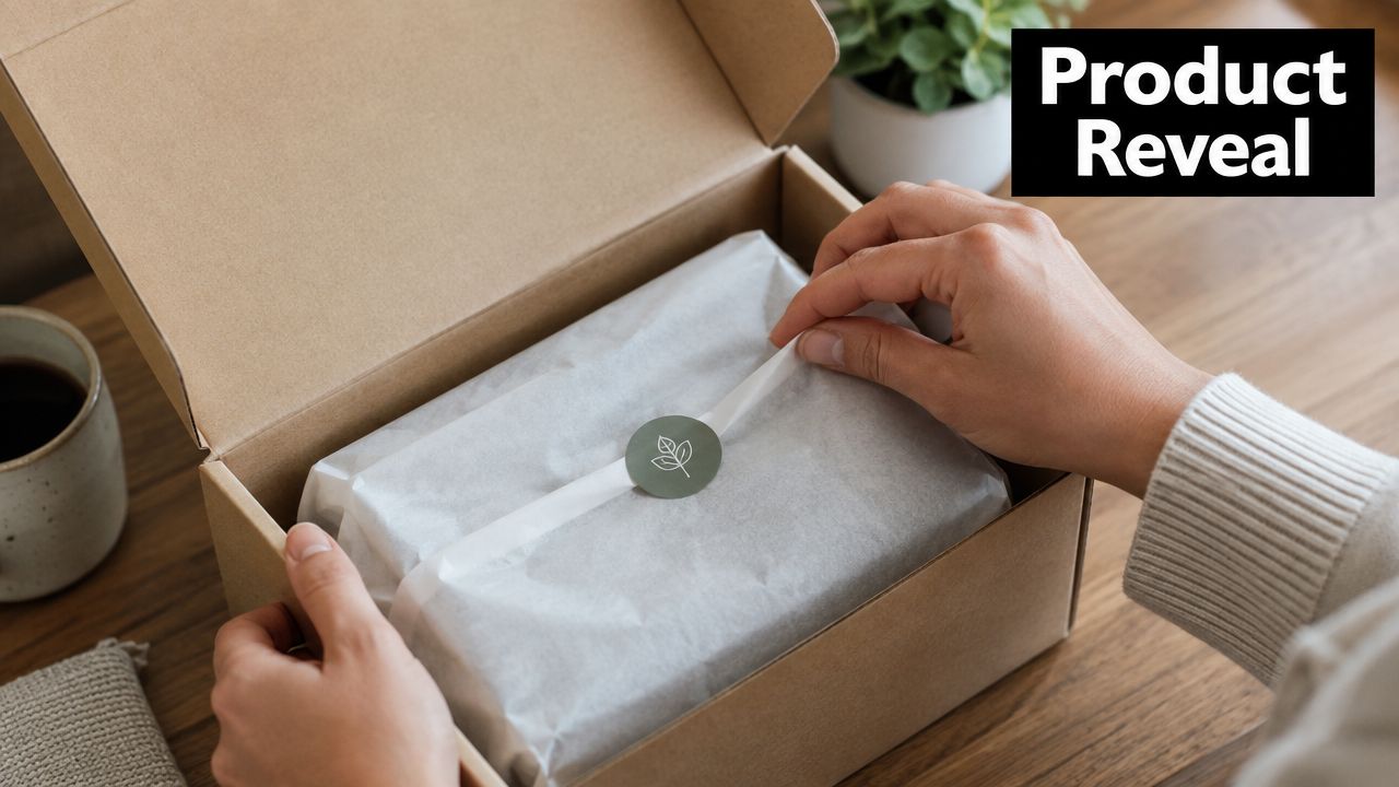 A person opening a cardboard shipping box containing a product wrapped in white tissue paper with a leaf sticker.