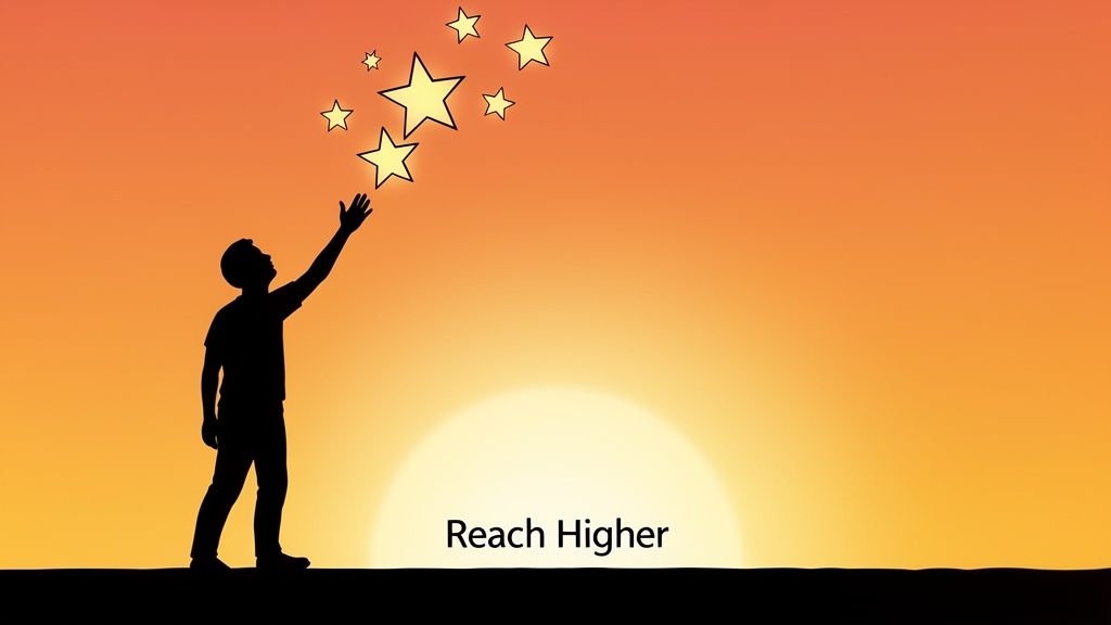 Silhouette of a person reaching for glowing stars against an orange sky with the text 'Reach Higher'.
