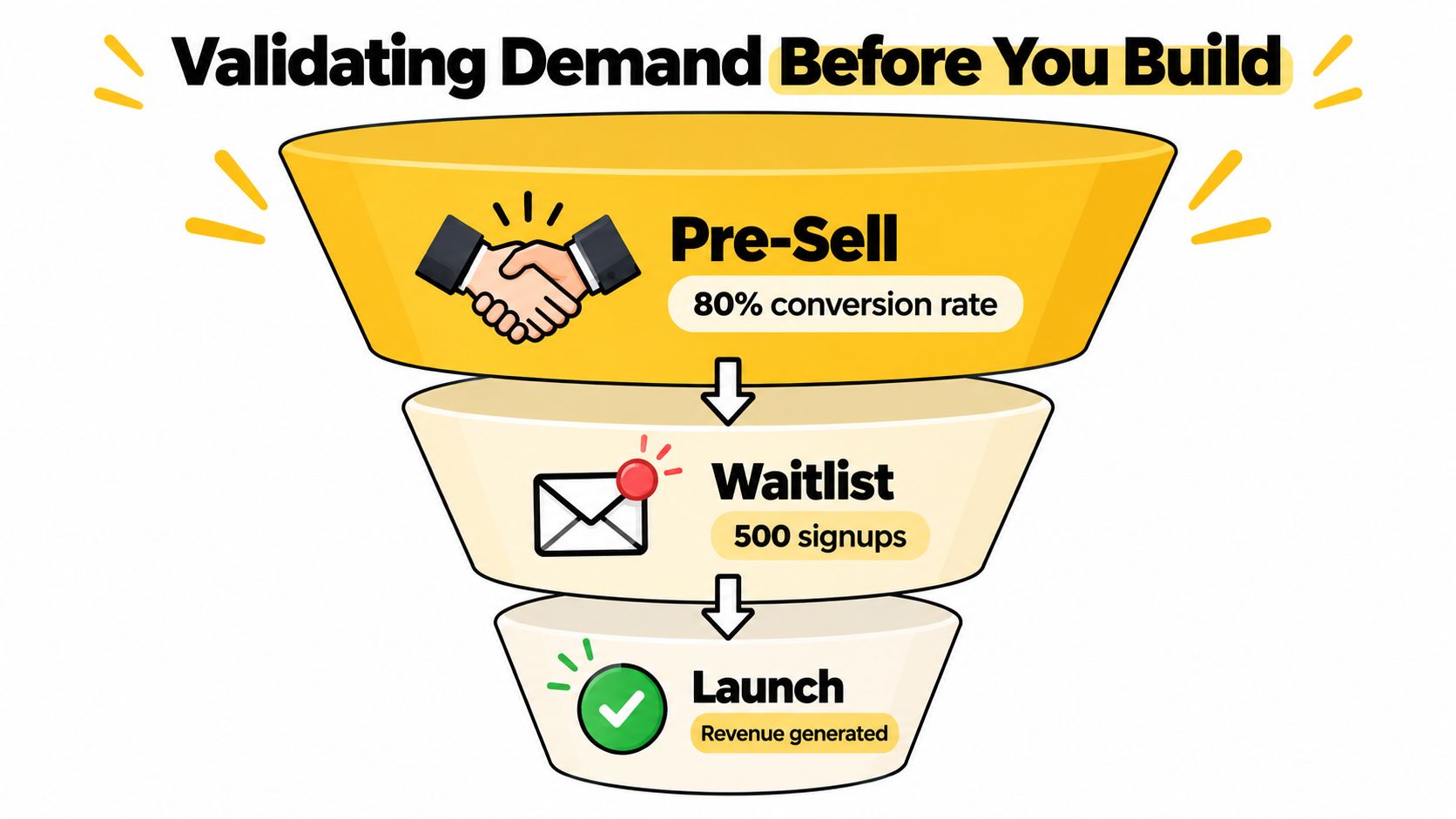 A funnel diagram illustrating the process of validating market demand before building a digital product.