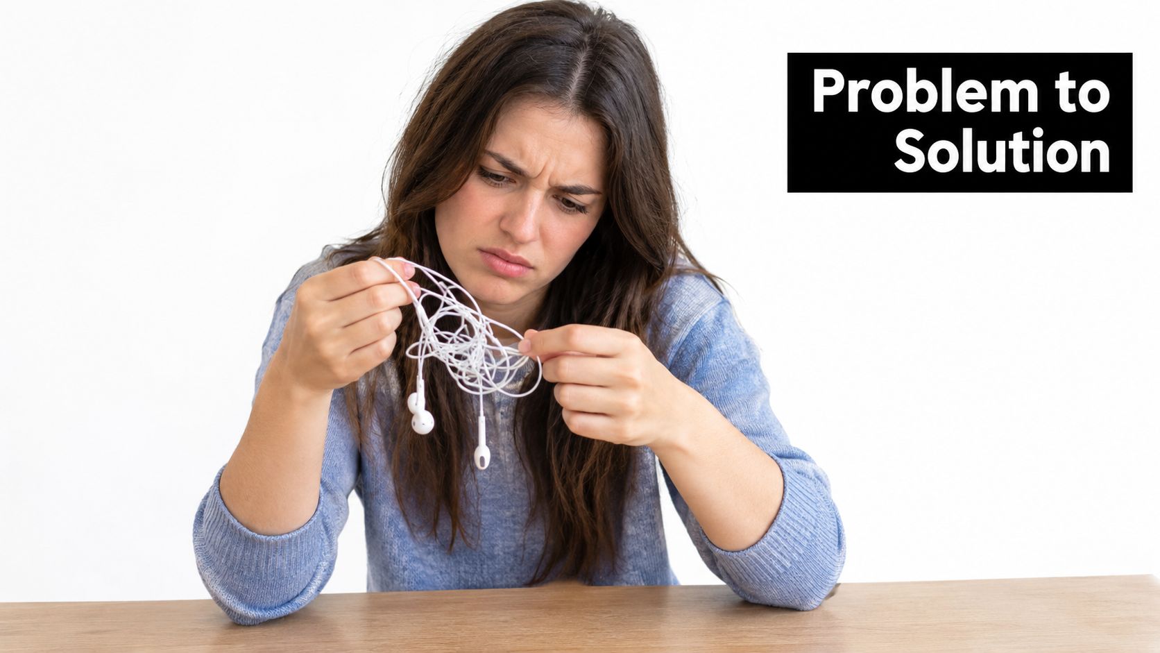 A young woman looking frustrated at a tangled mess of white wired headphones while sitting at a table.