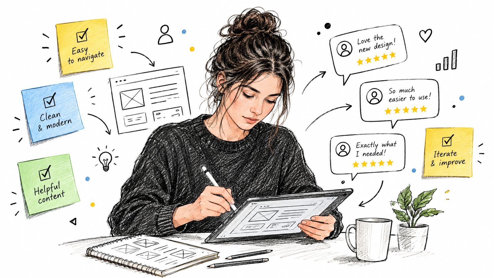 A digital designer working on a tablet, surrounded by positive user feedback bubbles and UI wireframe sketches.