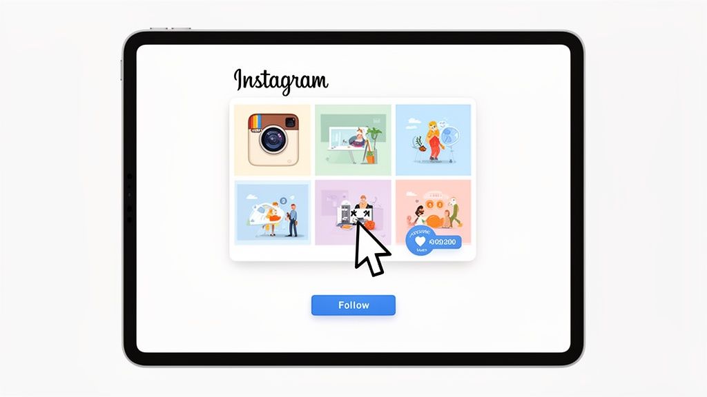 A tablet displays an Instagram interface with a grid of six colorful illustrations and a 'Follow' button.