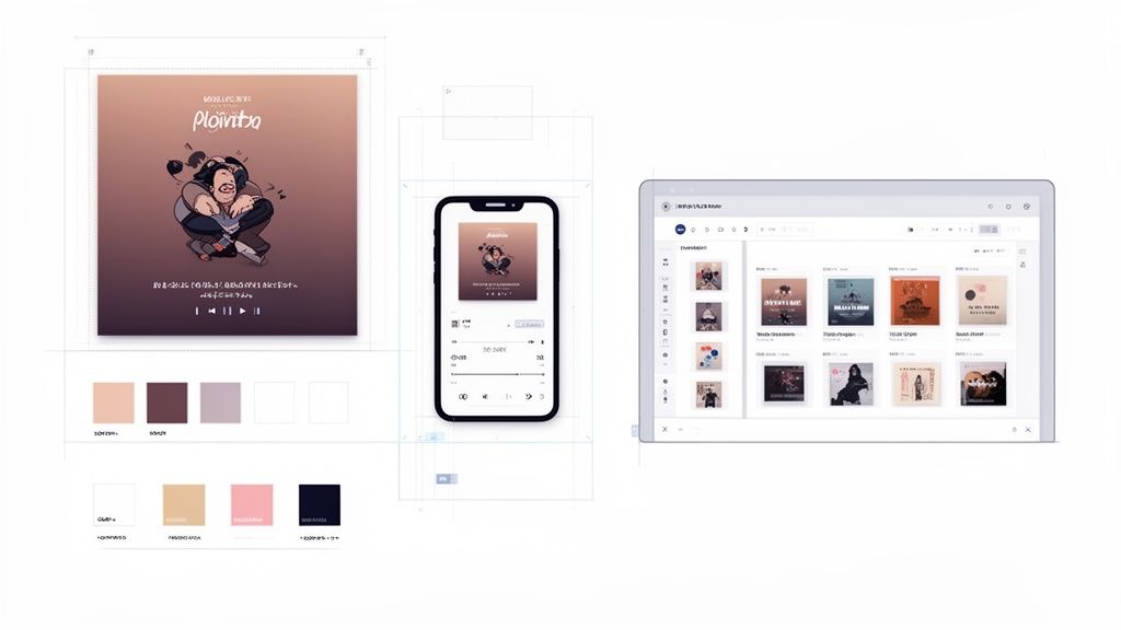 UI/UX design mockups for a music application across mobile, desktop, and album art with color palettes.