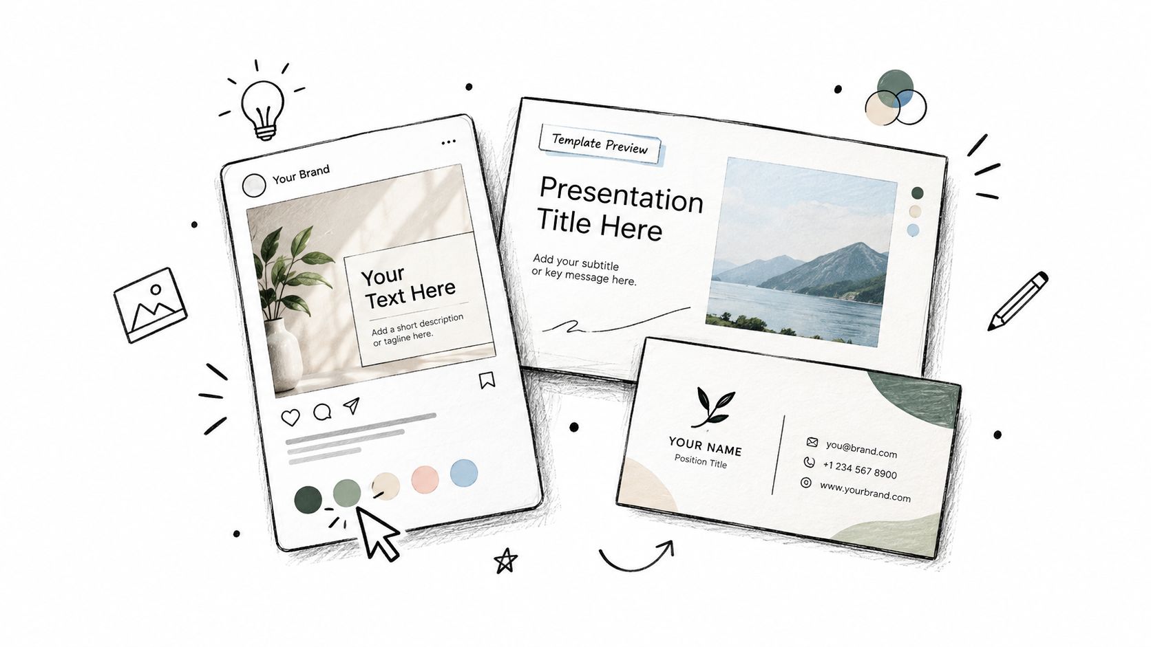 A creative mockup displaying social media, presentation, and business card branding design templates for digital products.