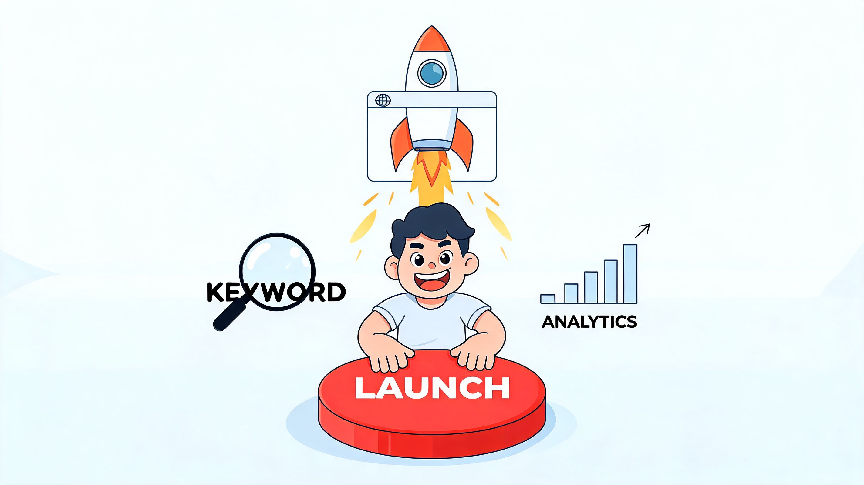 A cartoon man pressing a launch button to start a website, surrounded by keyword and analytics icons.
