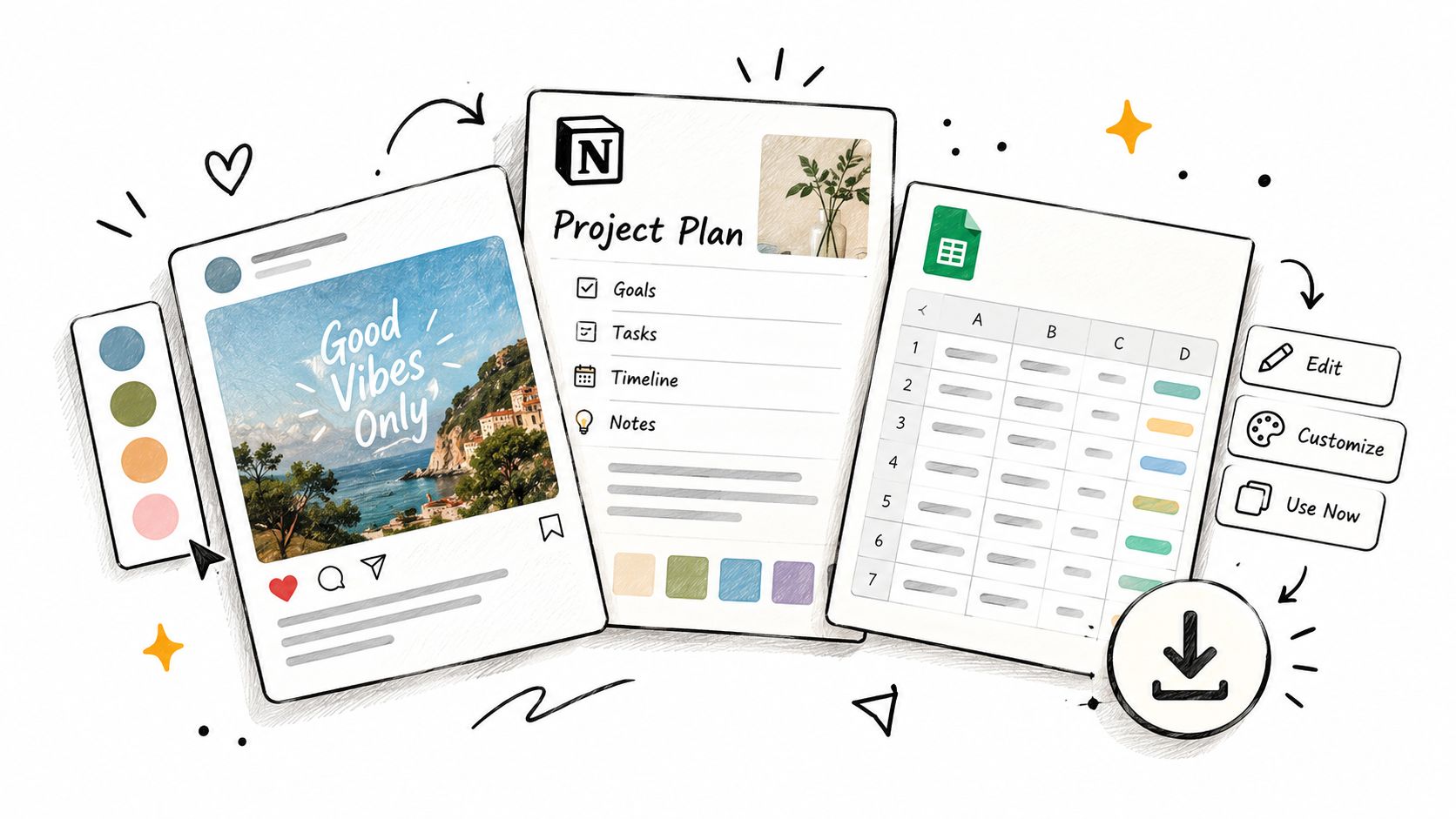 A digital illustration showing social media posts, a project planner, and a spreadsheet representing digital product tools.
