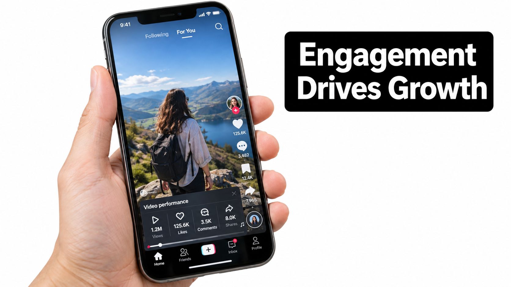A hand holding a smartphone showing a TikTok screen with video performance analytics and engagement metrics.