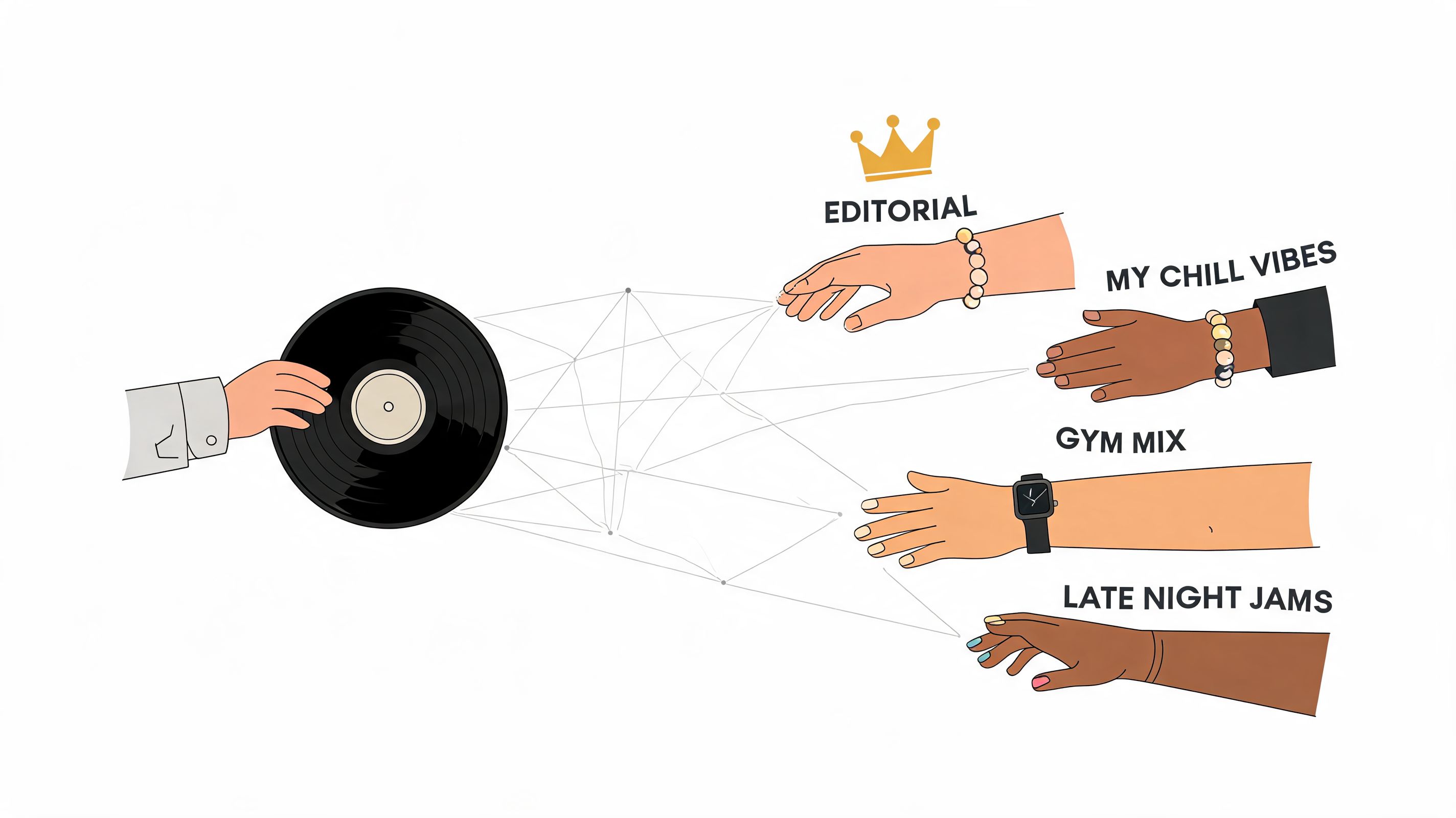 A hand holding a vinyl record connected to various hands representing different music streaming playlists.