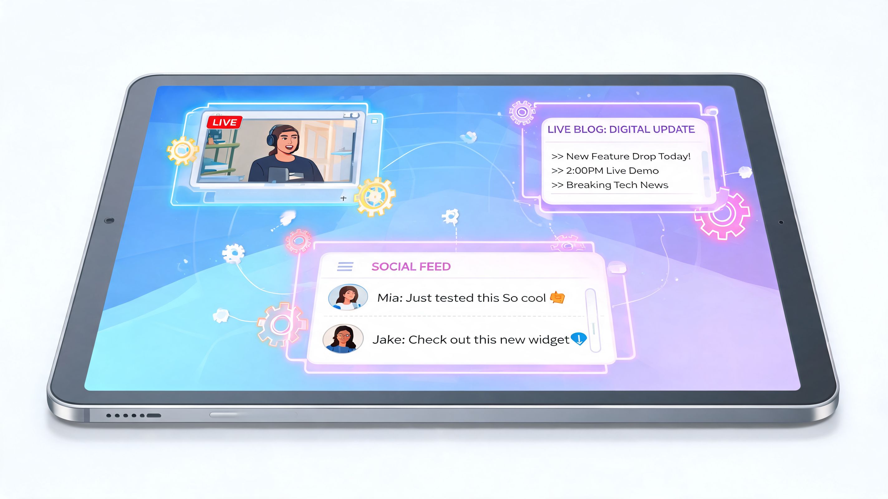 A digital tablet displaying floating windows with live streaming, a blog update, and social media feed.