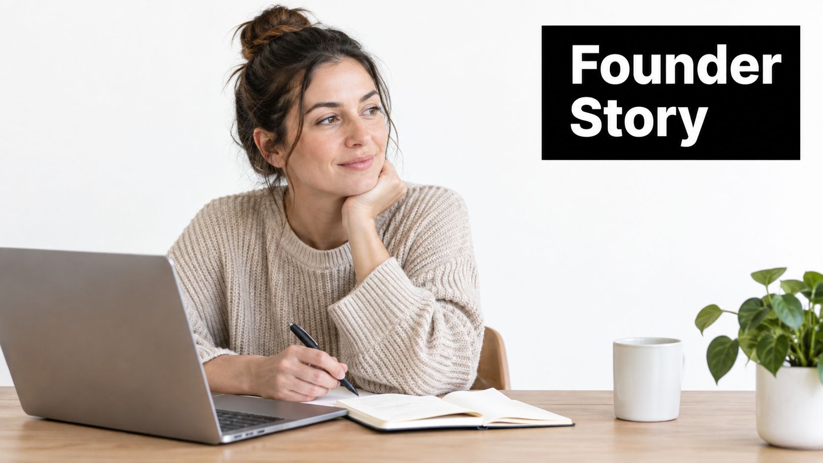 A smiling female founder sitting at a desk with a laptop and notebook thinking about business strategies.
