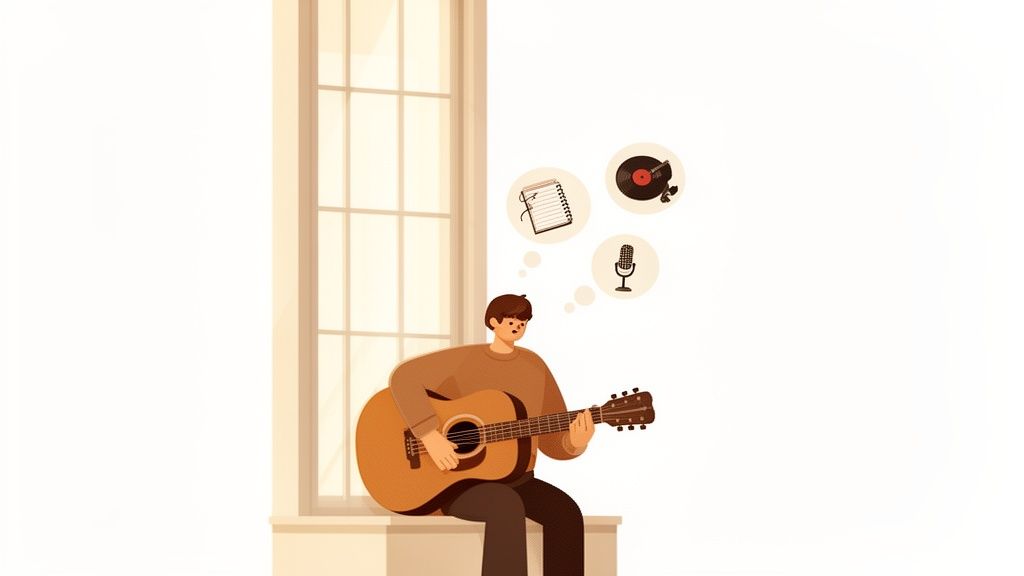 A man playing an acoustic guitar sits by a window, dreaming of songwriting and music.