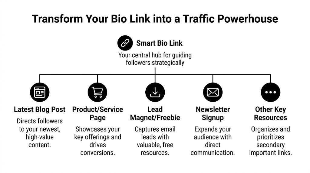 An infographic illustrating how a smart bio link strategically directs social media followers to website resources.