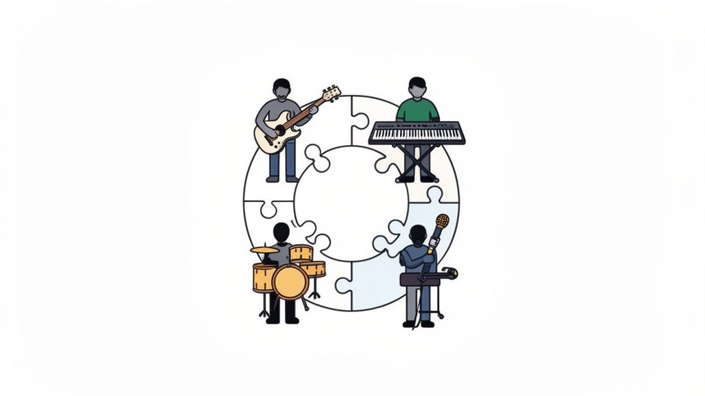 Four cartoon musicians, including a guitarist, keyboardist, drummer, and vocalist, each forming a piece of a circular puzzle, representing collaboration.