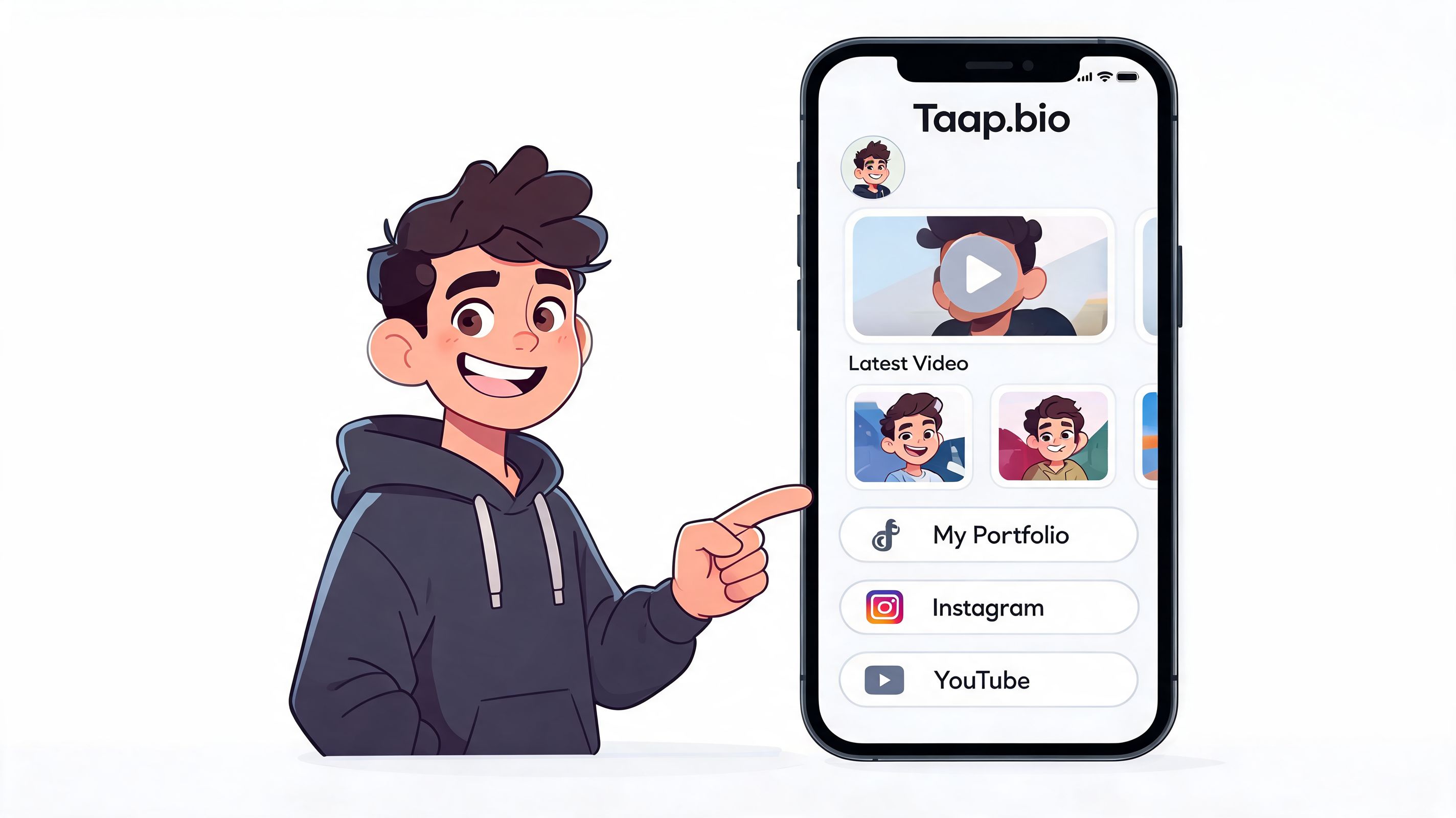 A cartoon boy pointing at a smartphone screen showing a Taap.bio link in bio profile page.