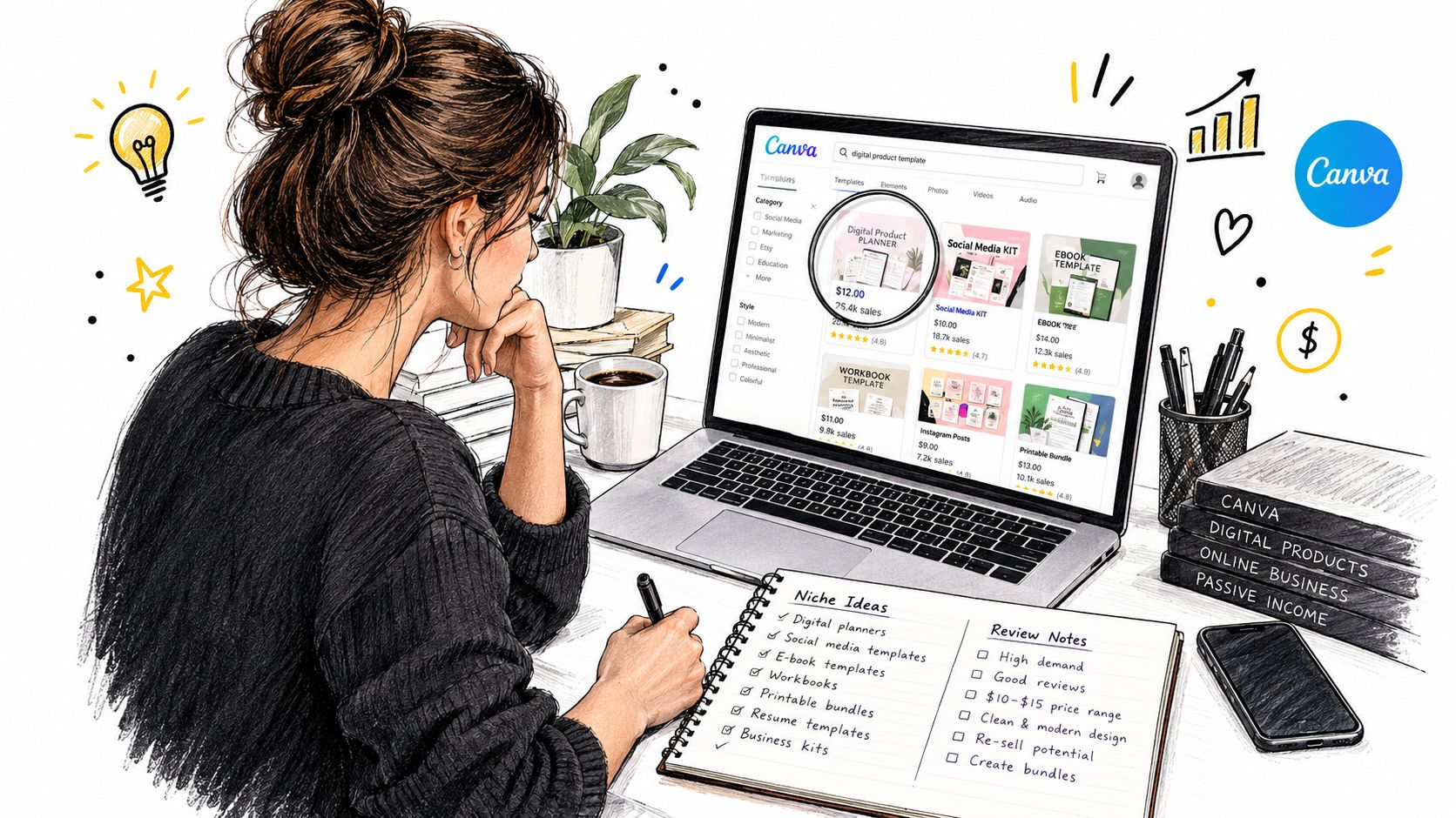 A woman sketching business ideas for Canva templates at her desk with a laptop and a notebook.