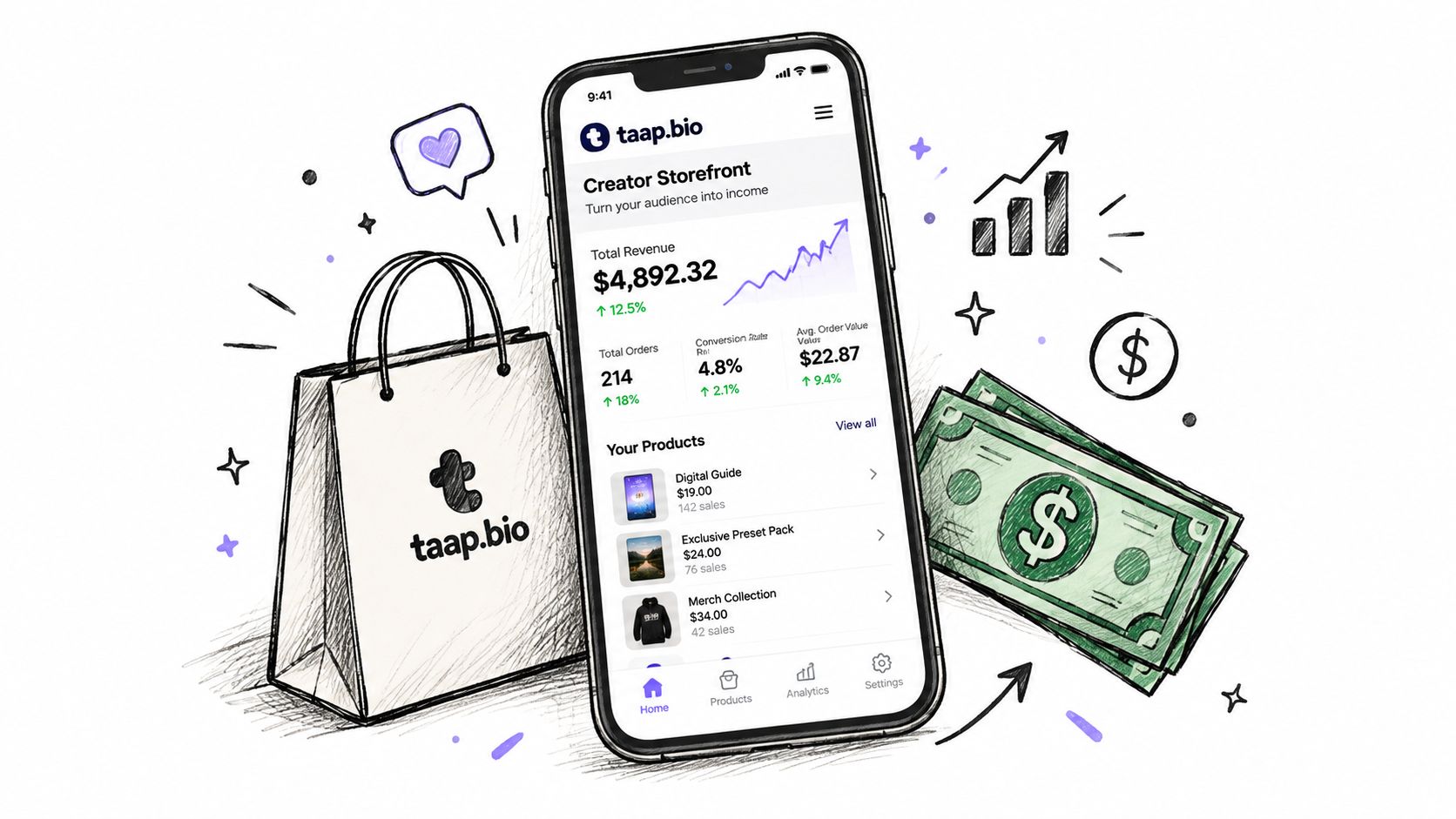 A smartphone screen displaying the taap.bio creator storefront interface with revenue analytics, product listings, and navigation menus.
