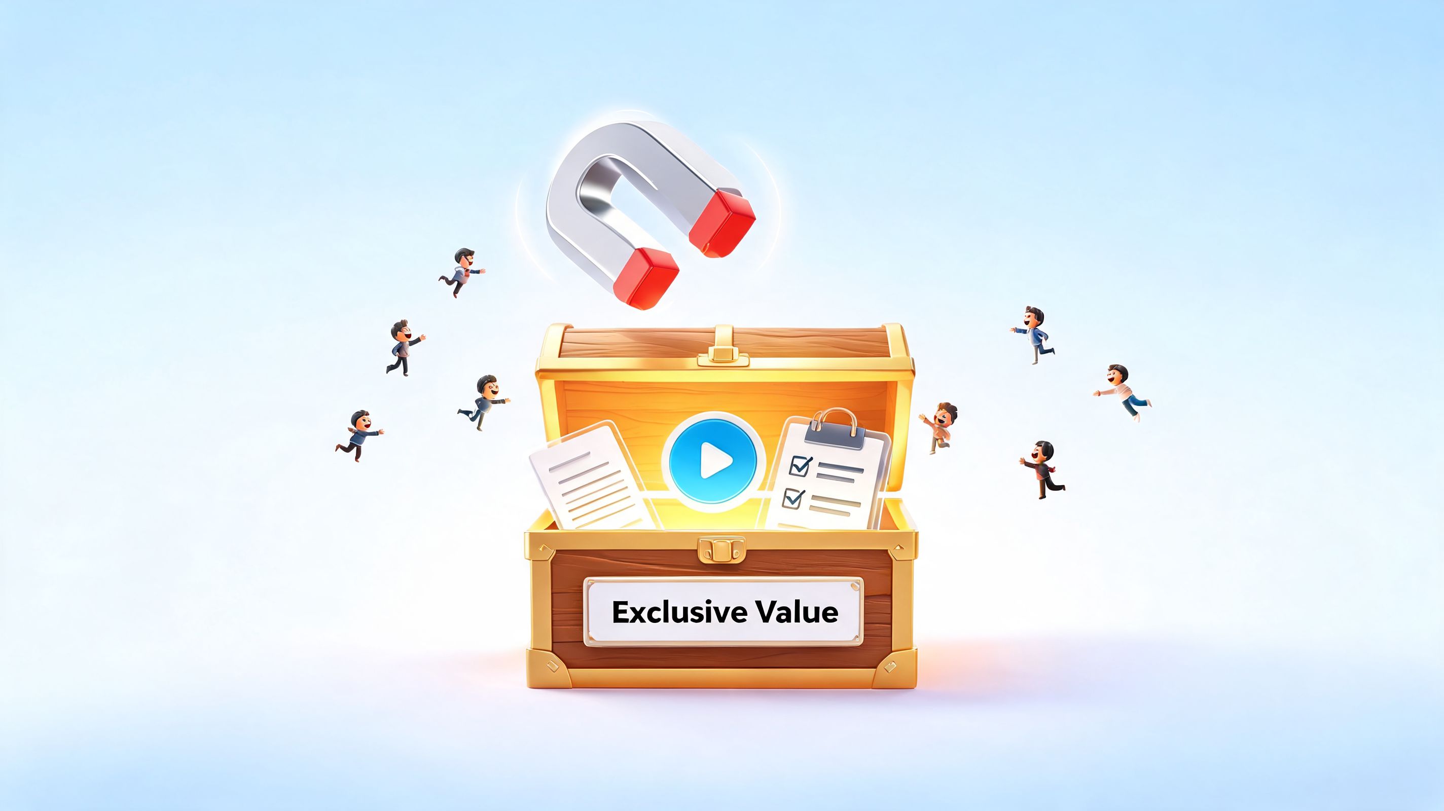 A treasure chest containing a video icon and documents, attracting cartoon business people with a large magnet.