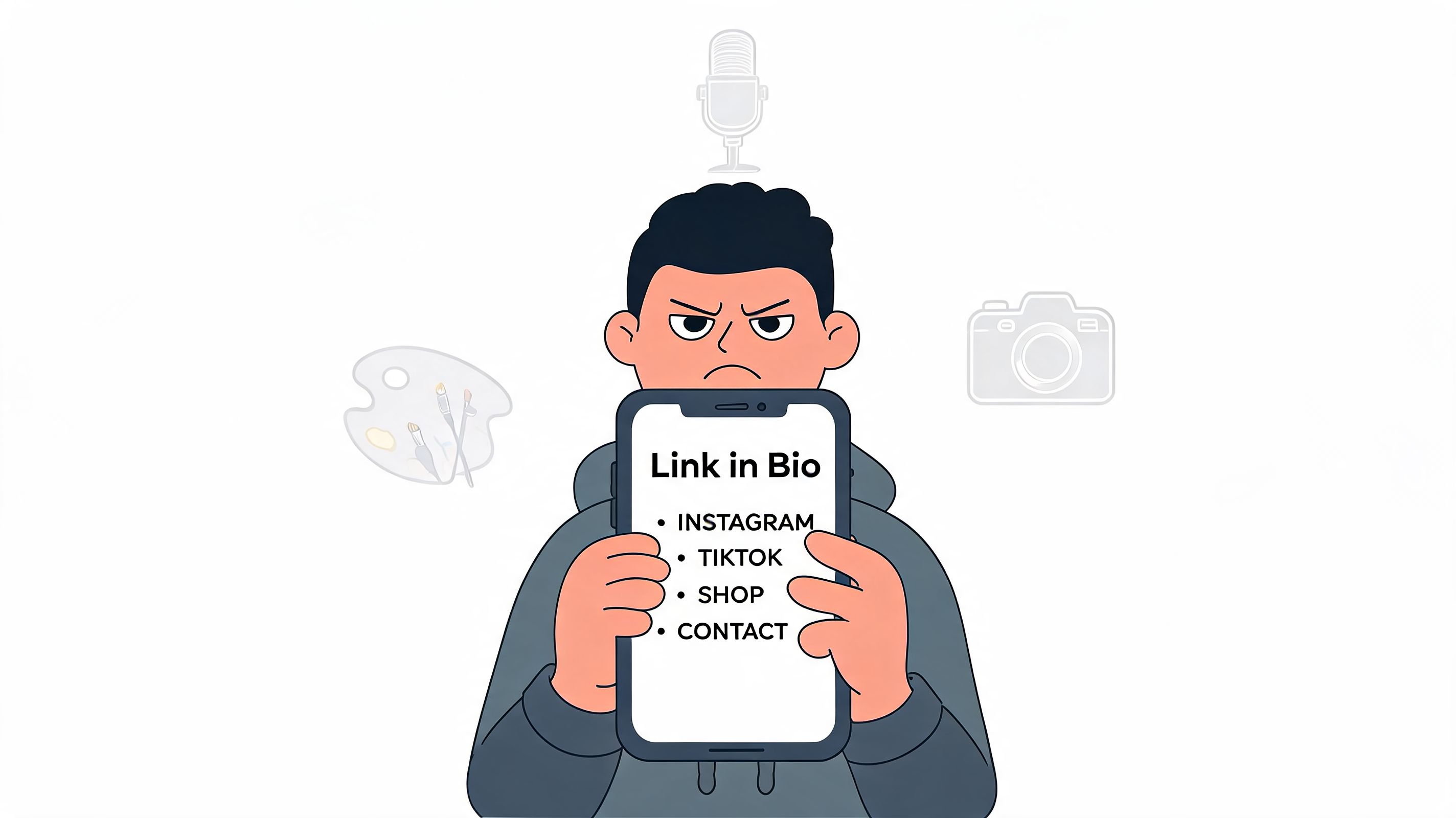A cartoon character holding a smartphone displaying a Link in Bio menu with social media options.