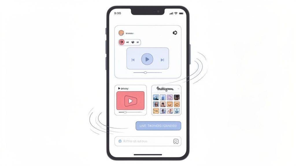 A modern smartphone screen displaying interactive widgets for music, video, and a photo gallery.