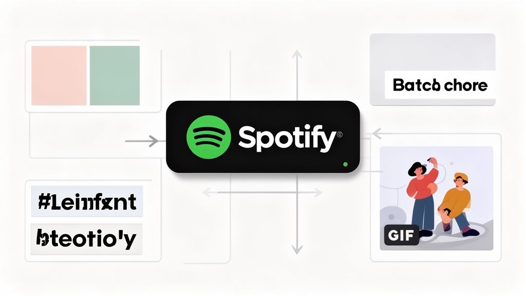 Spotify logo with elements including color palettes, 'Batch chore' text, and a GIF illustration.