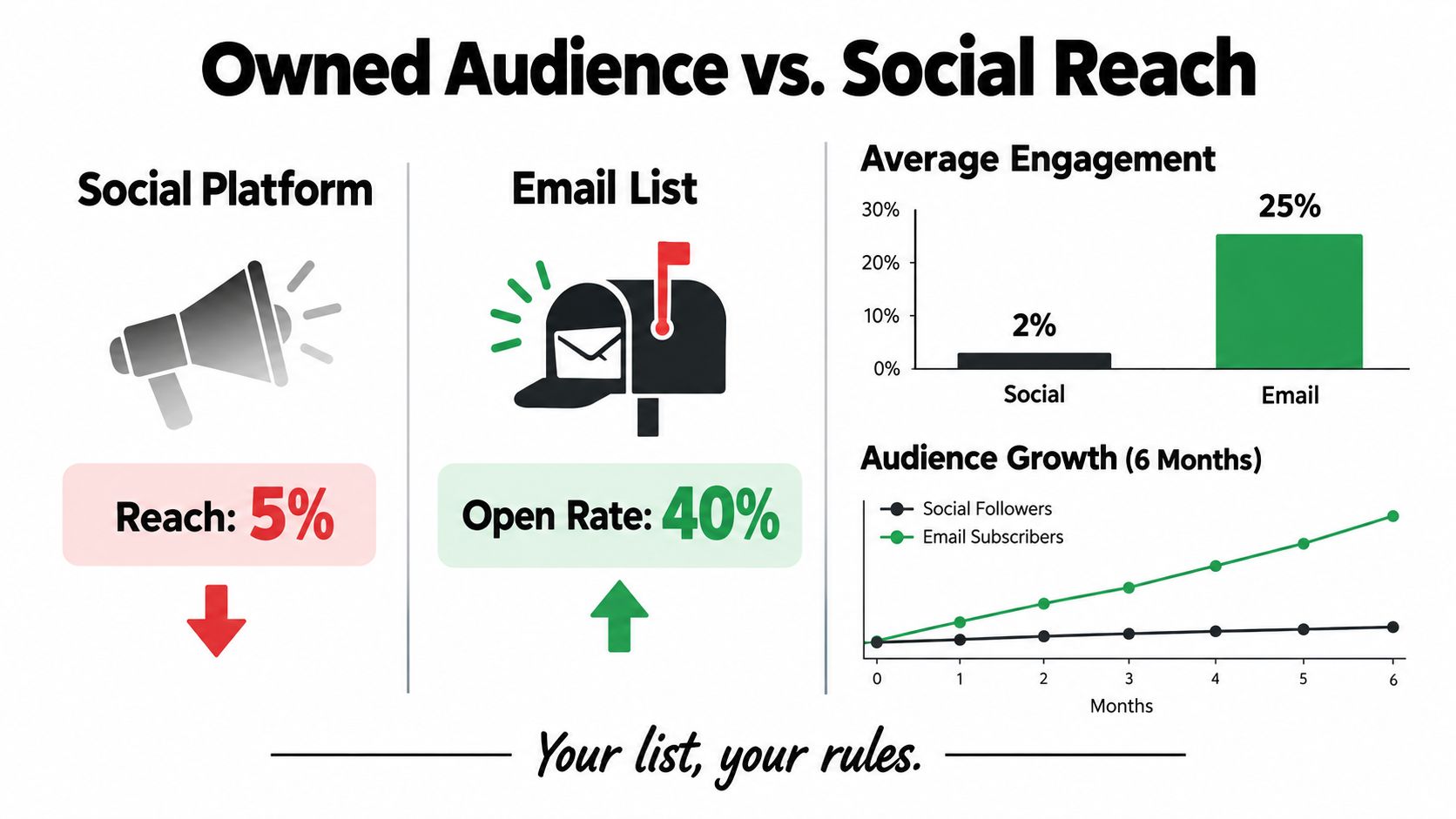A comparison infographic showing email lists provide significantly higher engagement and growth than social media platforms.