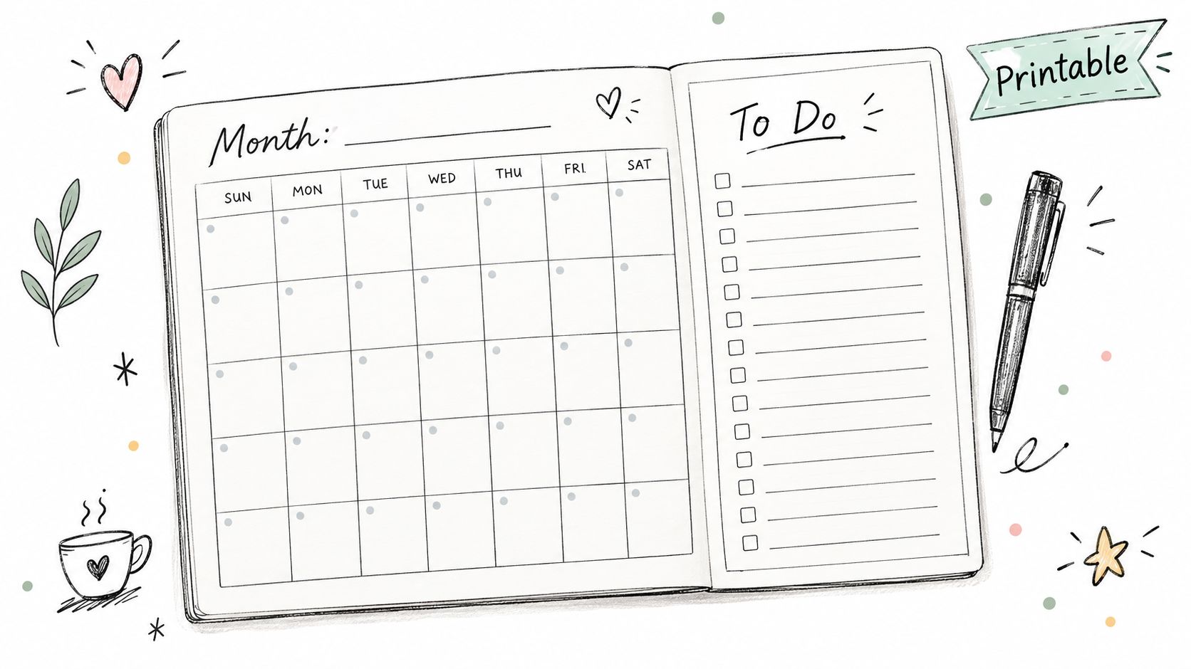 A hand-drawn style monthly calendar planner page with a to-do list alongside decorative doodles and a pen.