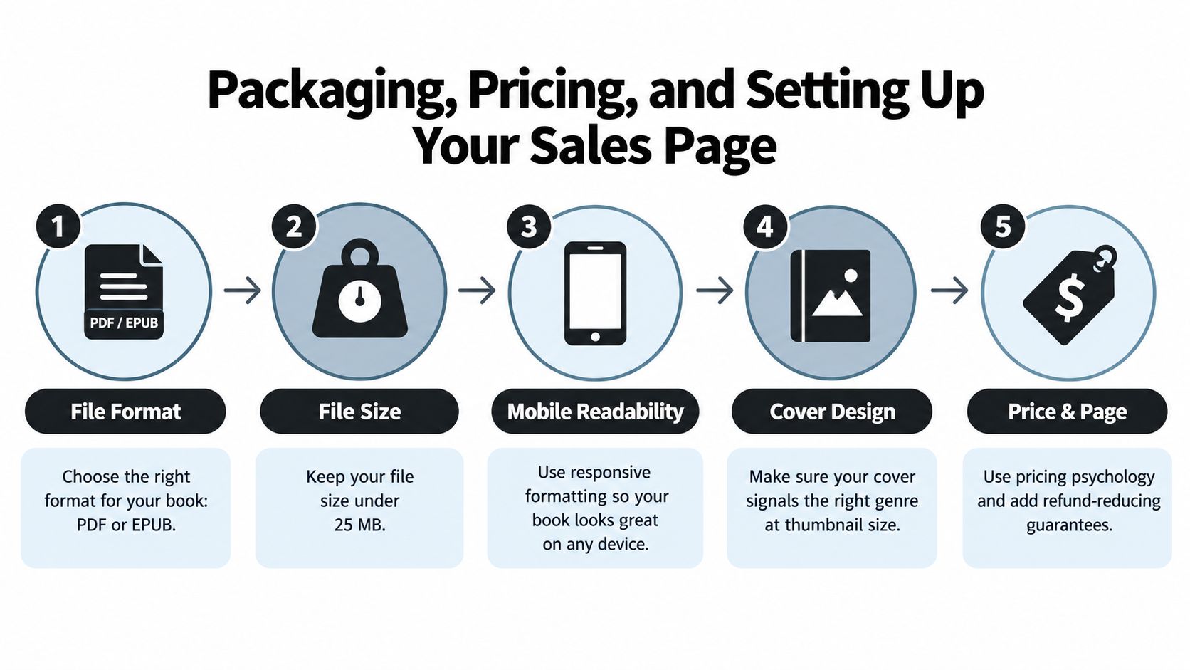 A five step infographic illustrating essential tips for packaging, pricing, and setting up an ebook sales page.