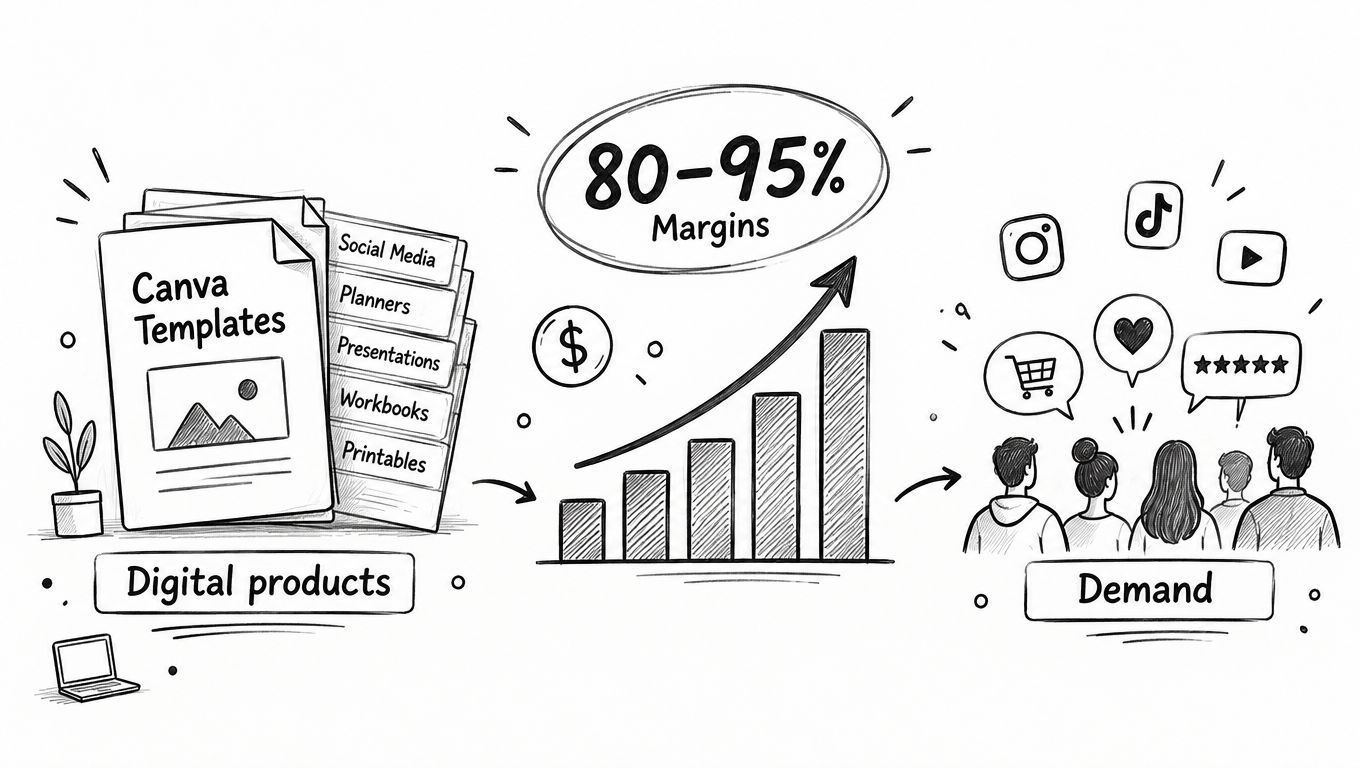 A hand-drawn illustration showing the profitable process of selling Canva templates to an online market.