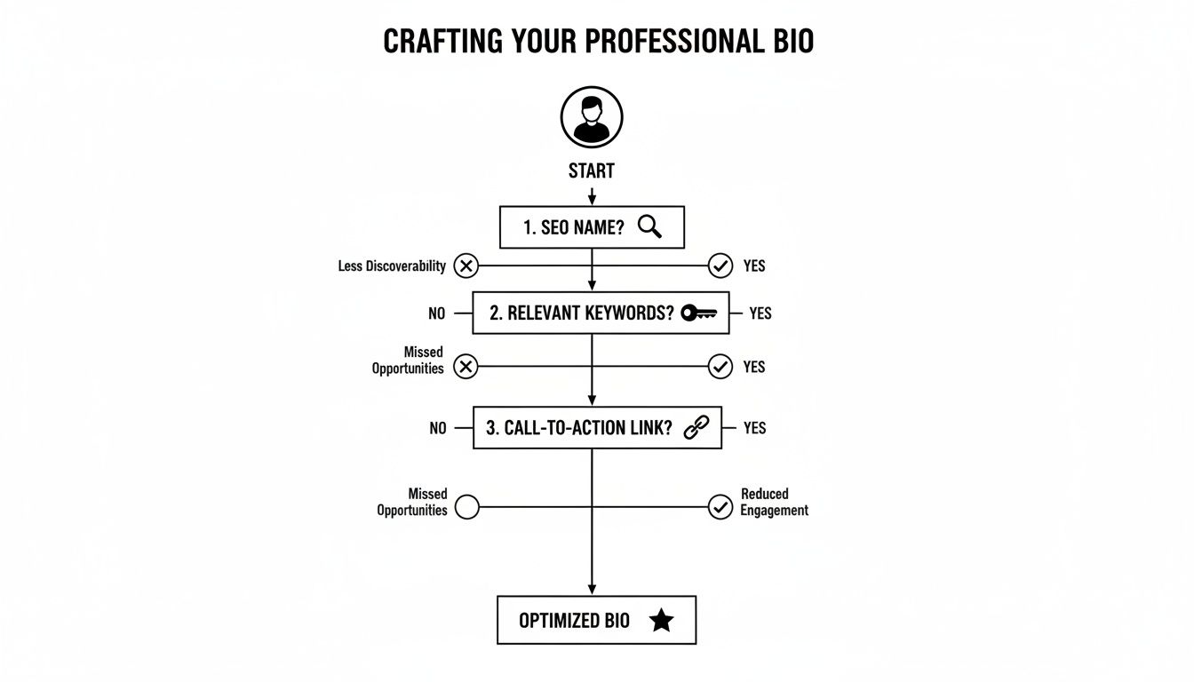 Flowchart illustrating steps to optimize a professional bio: SEO name, relevant keywords, and call-to-action link.