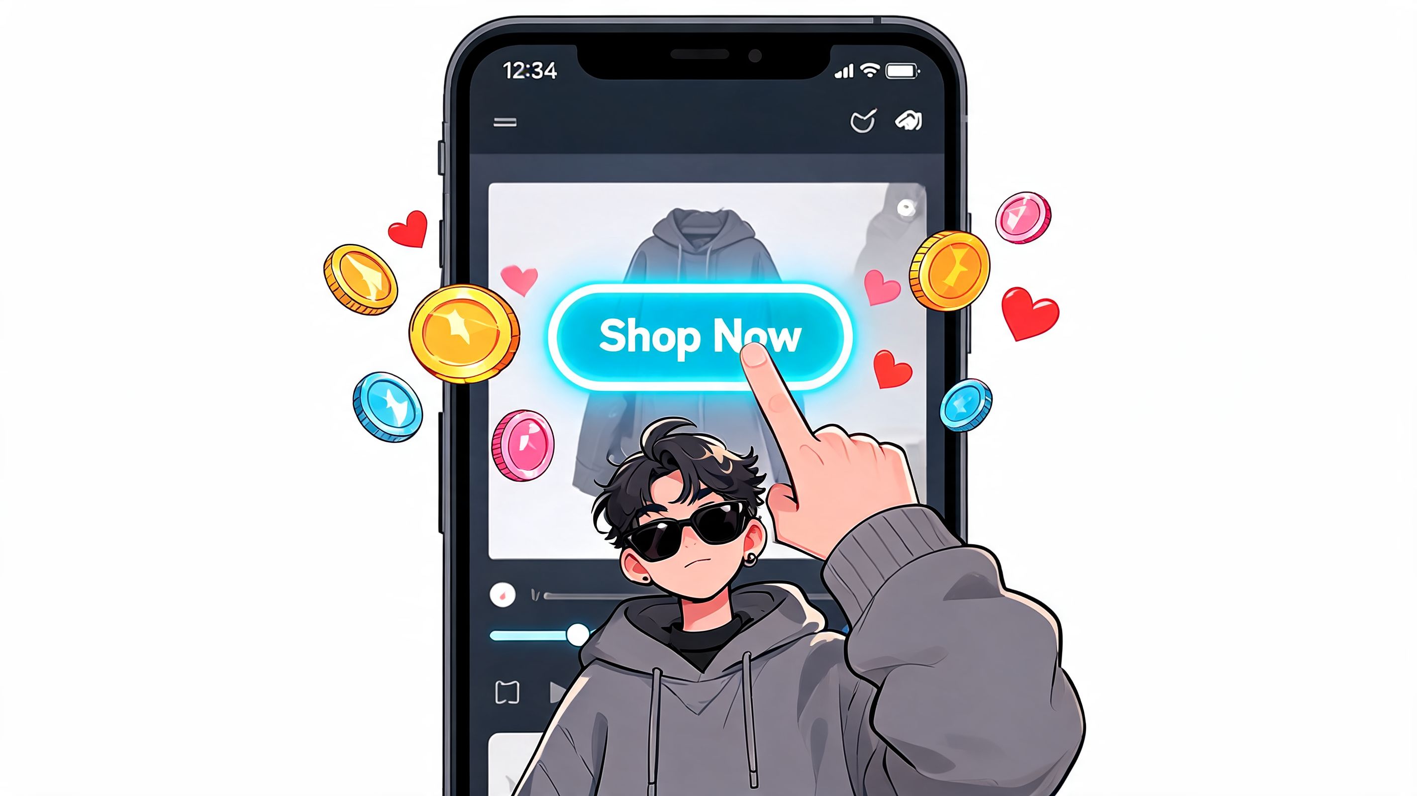 An anime style character wearing sunglasses and a hoodie pointing at a Shop Now button on smartphone.